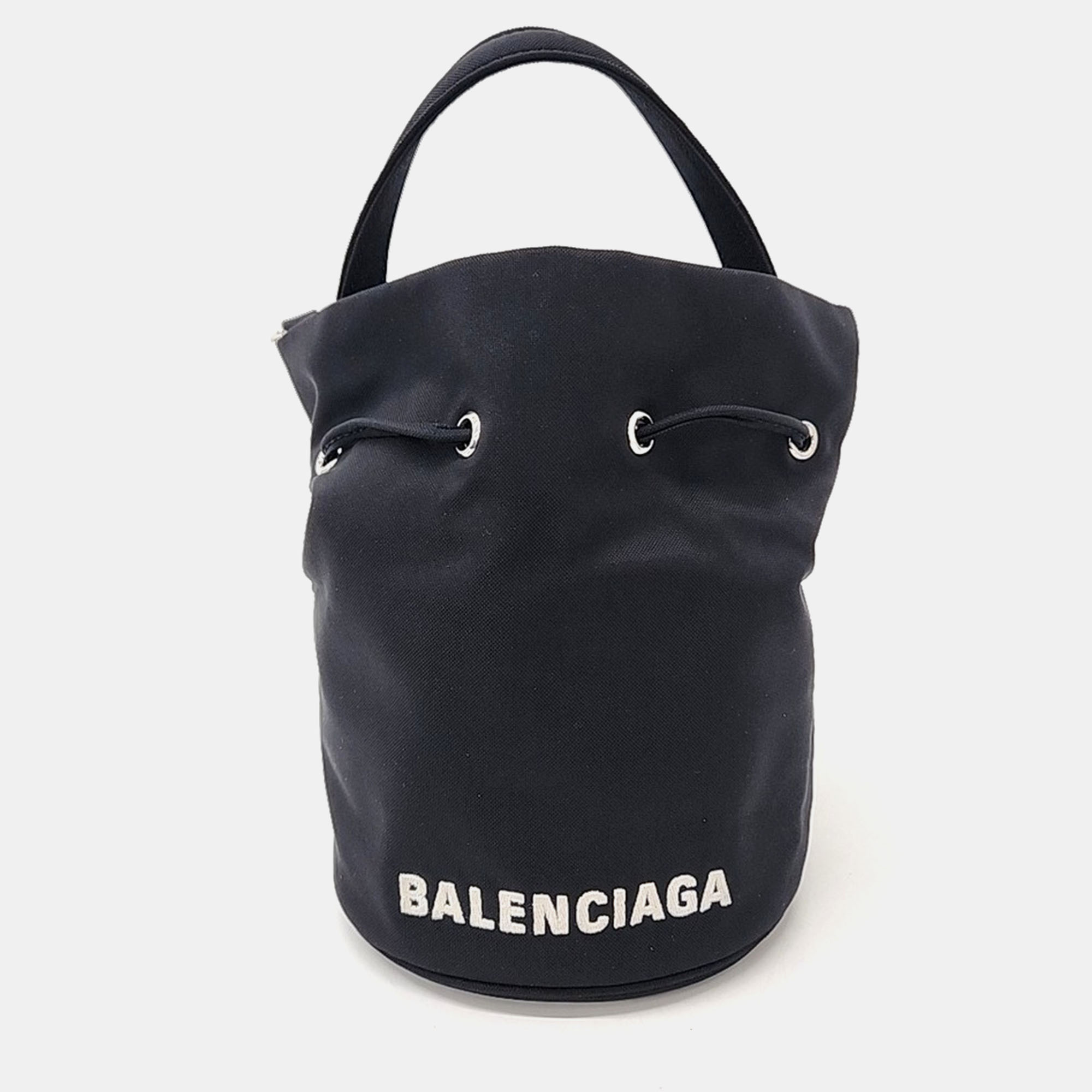 

Balenciaga Wheel Drawstring Bucket Bag, Black