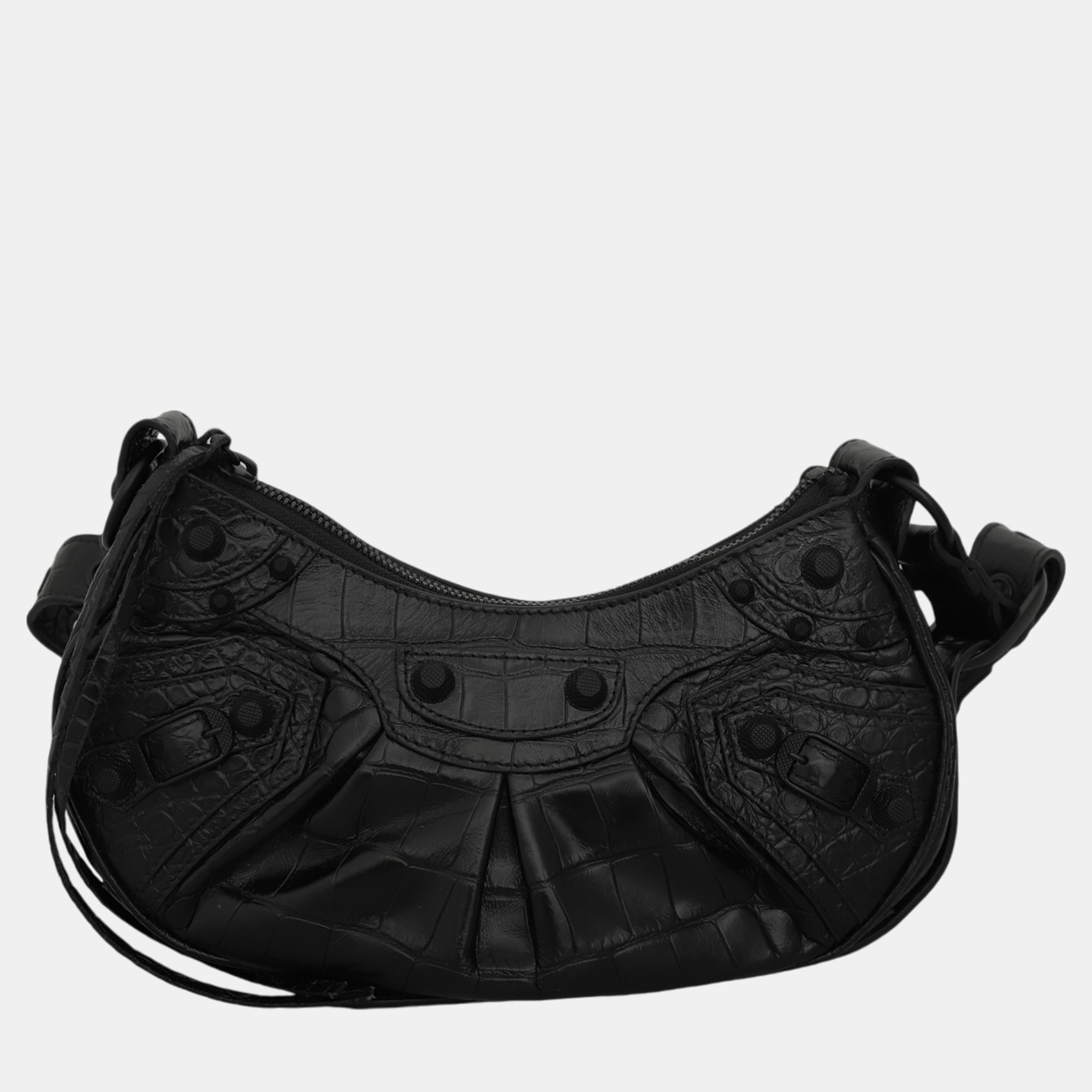 

Balenciaga Le Cagole  Croco Embossed Shoulder Bag, Black