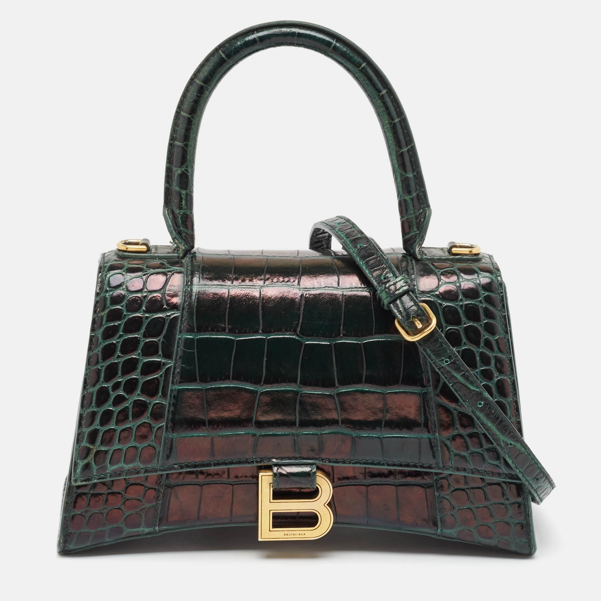 

Balenciaga Green Croc Embossed Leather  Hourglass Top Handle Bag