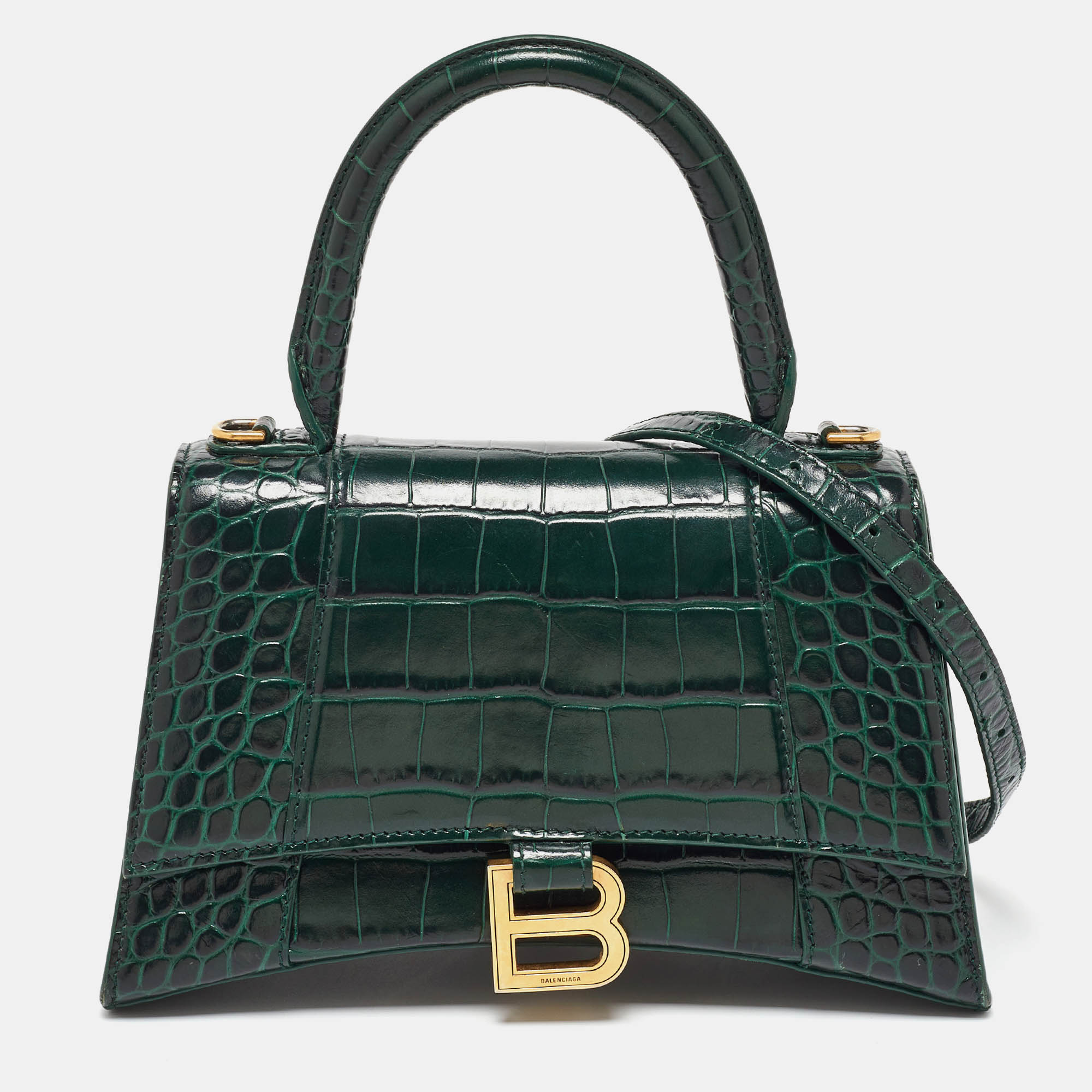 

Balenciaga Dark Green Croc Embossed Leather  Hourglass Top Handle Bag