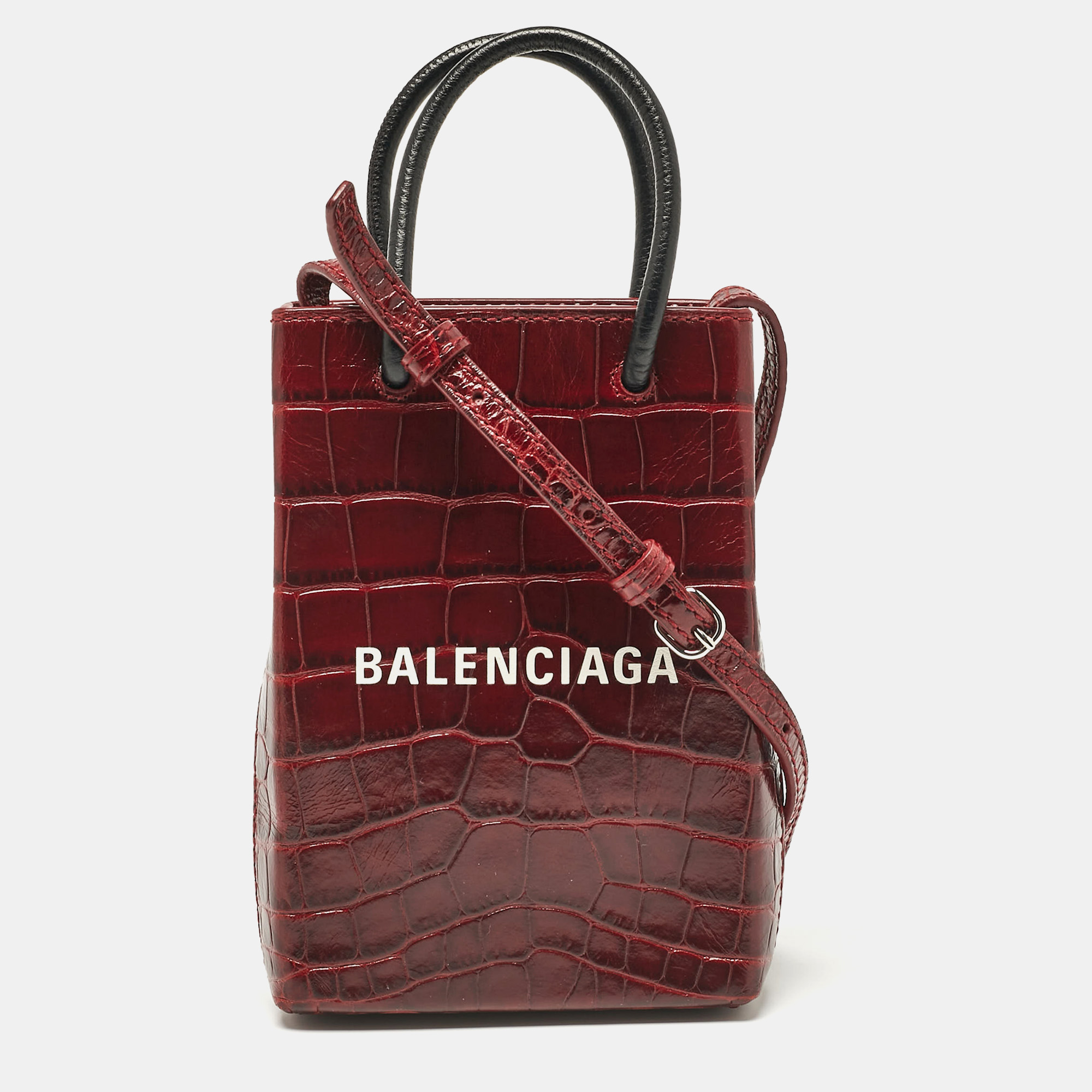 

Balenciaga Burgundy Croc Embossed Leather Shopping Phone Holder Crossbody Bag