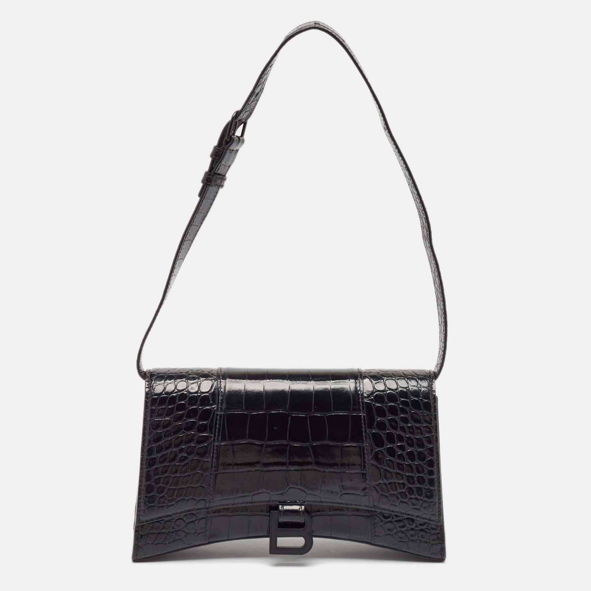 

Balenciaga Black Croc Embossed Leather Hourglass Sling Shoulder Bag