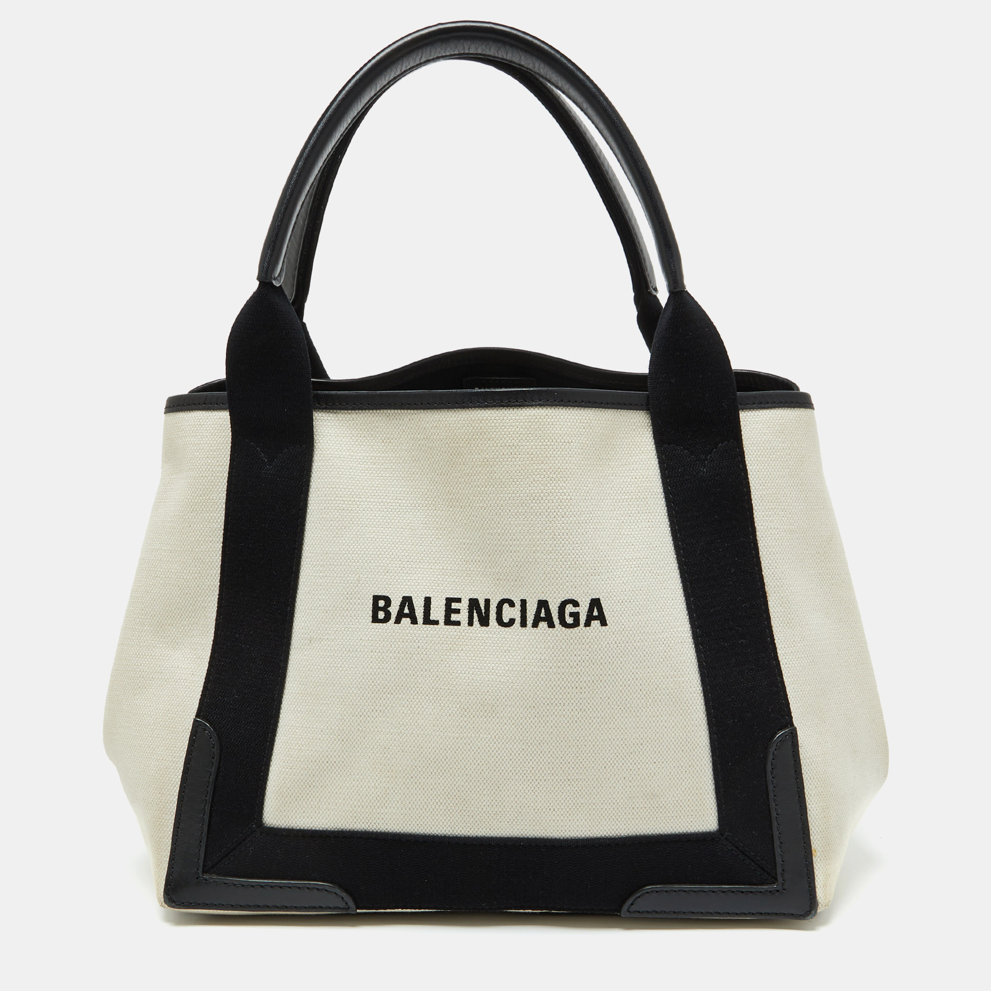 

Balenciaga Off White/Black Canvas and Leather Small Cabas Tote