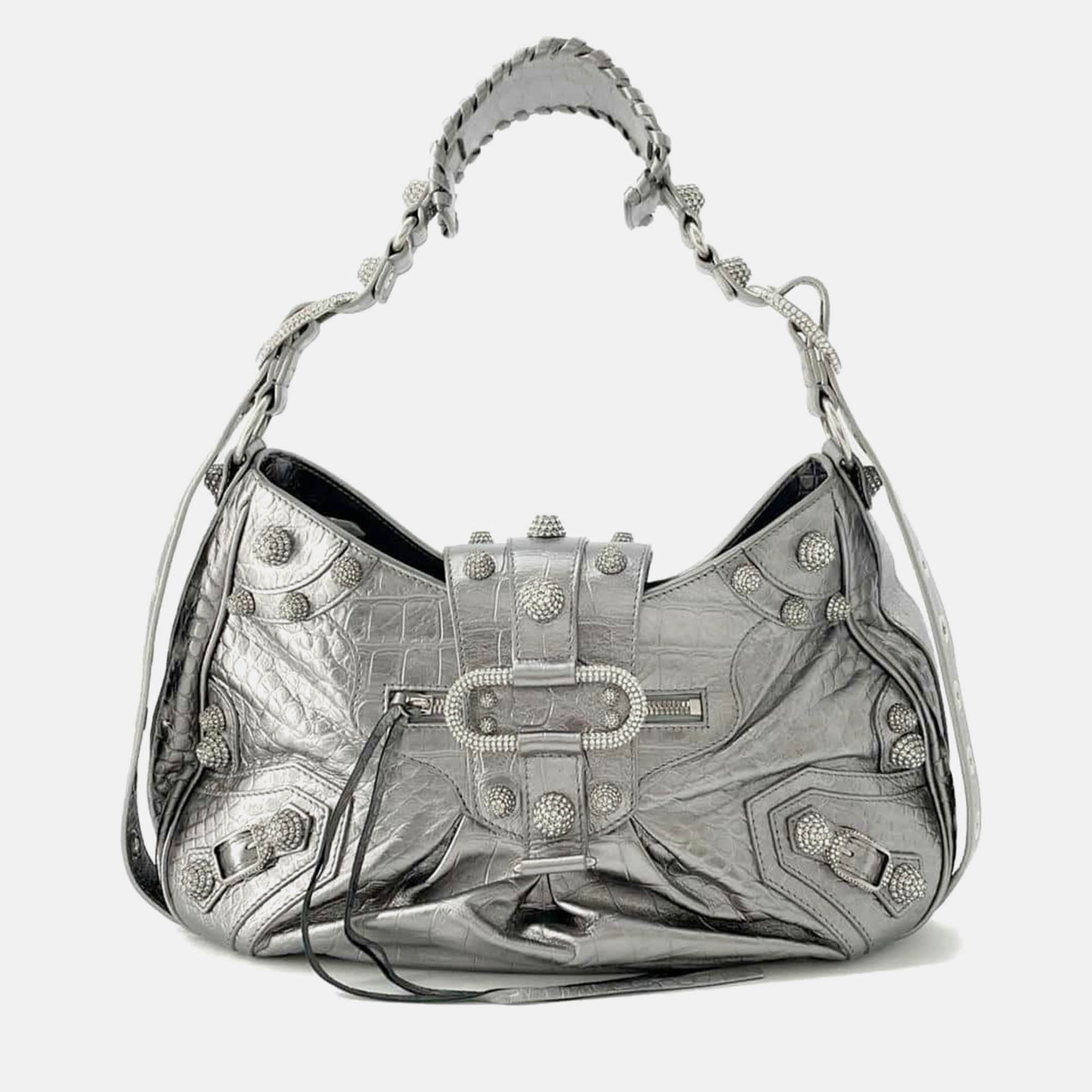 

Balenciaga Silver Crocodile-embossed Leather Rhinestone neo cagoule bag