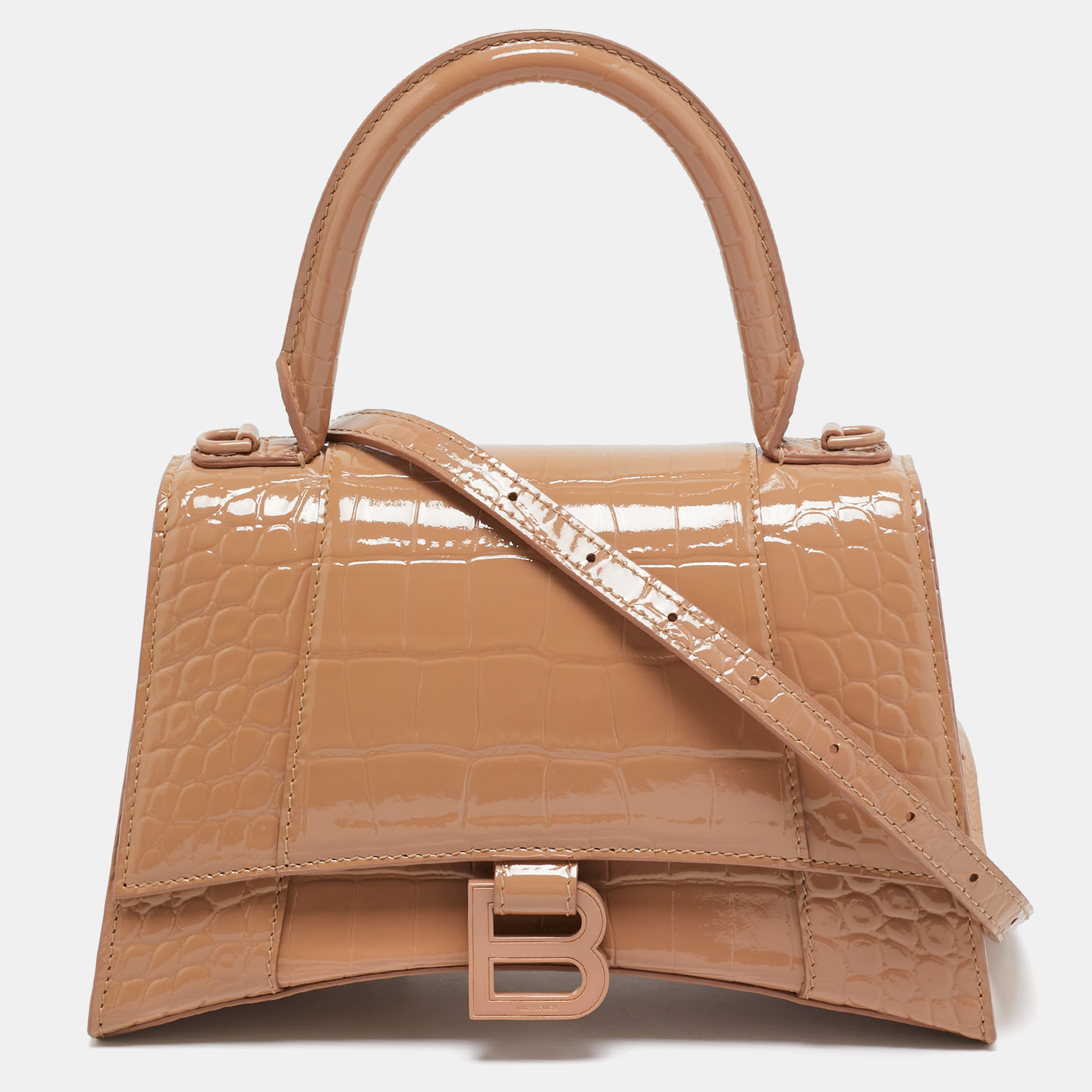 

Balenciaga Beige Croc Embossed Patent Leather  Hourglass Top Handle Bag