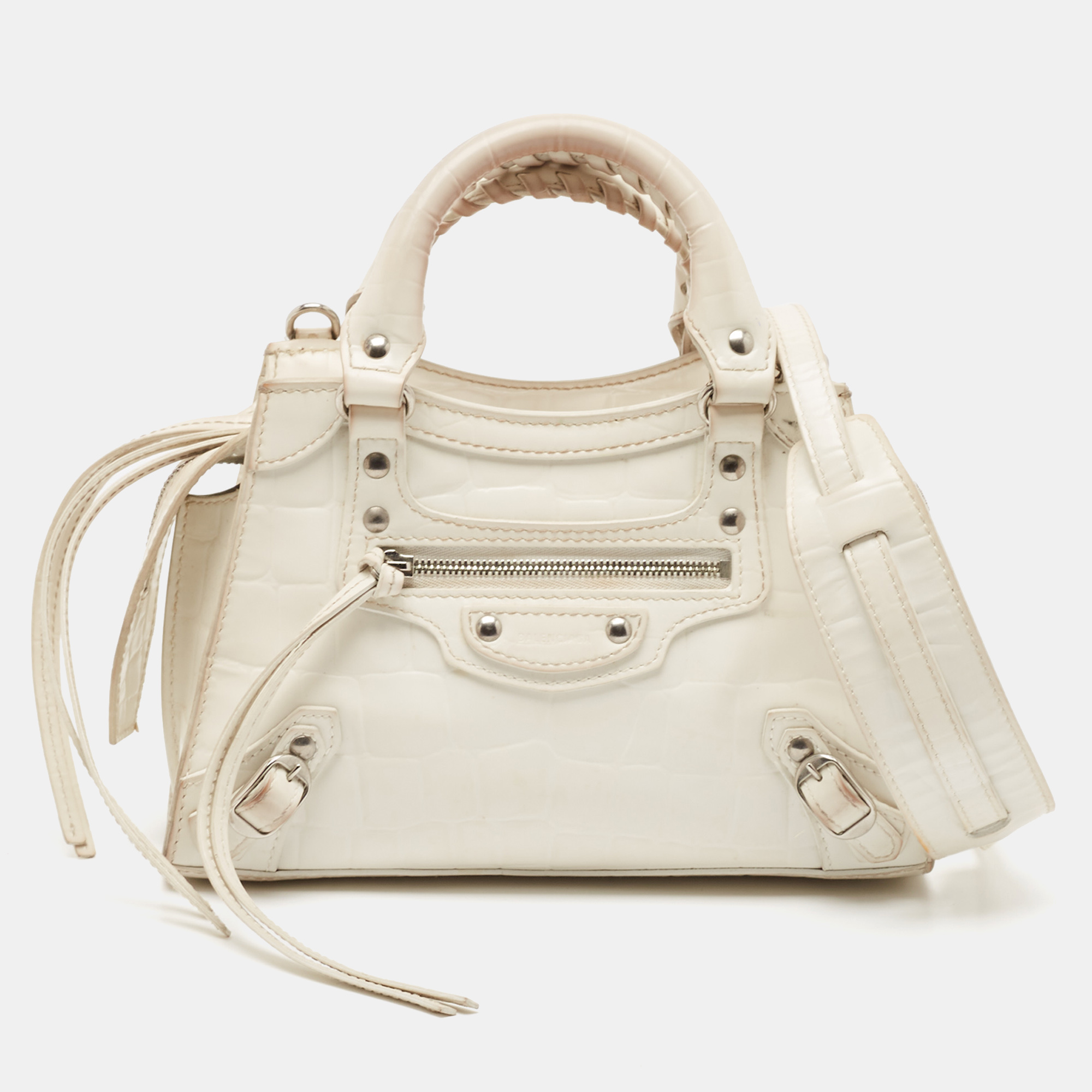 

Balenciaga Off White Croc Embossed Leather Mini Neo Classic Bag