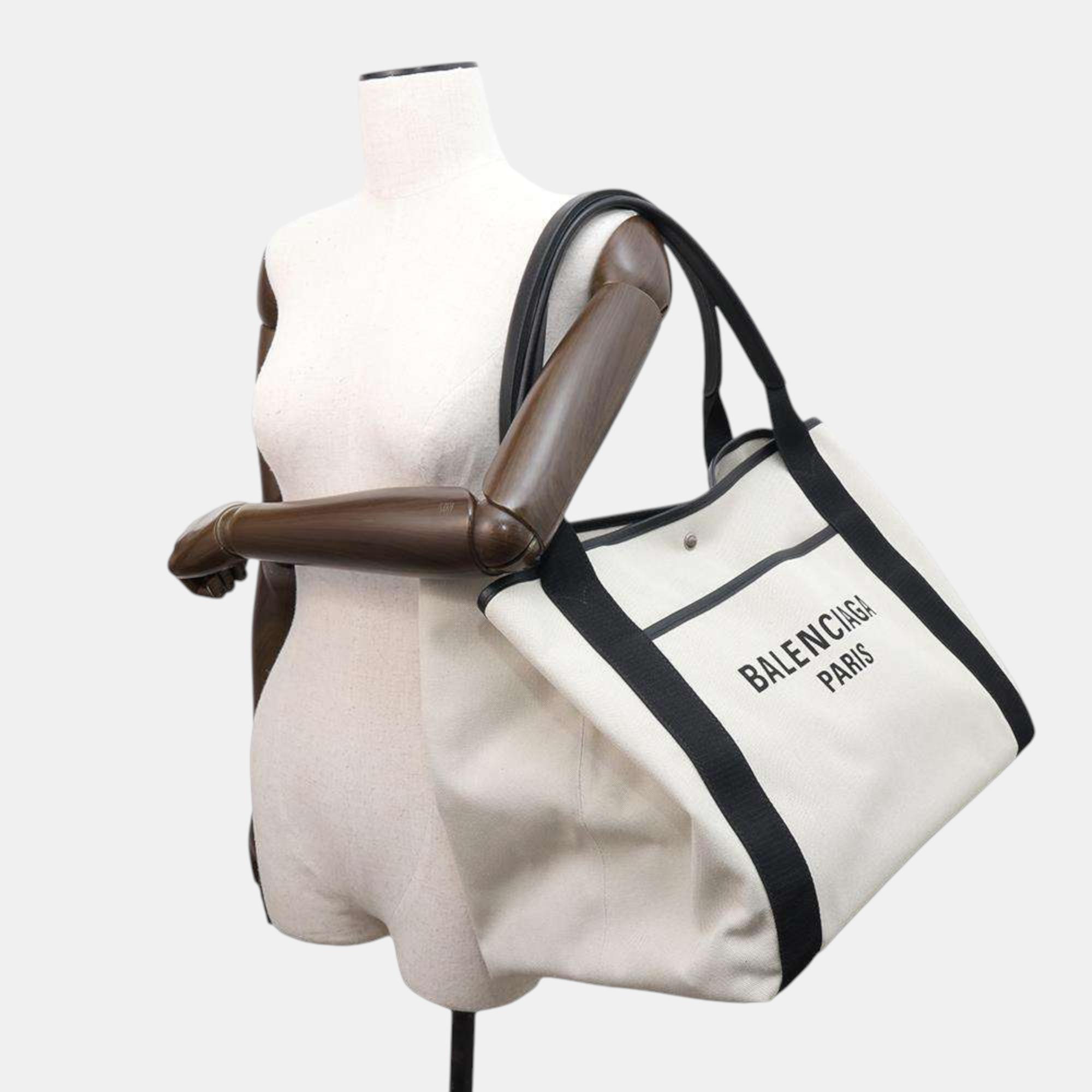 Balenciaga Natural/Black Canvas Leather Biarritz Large Tote bag Size L 