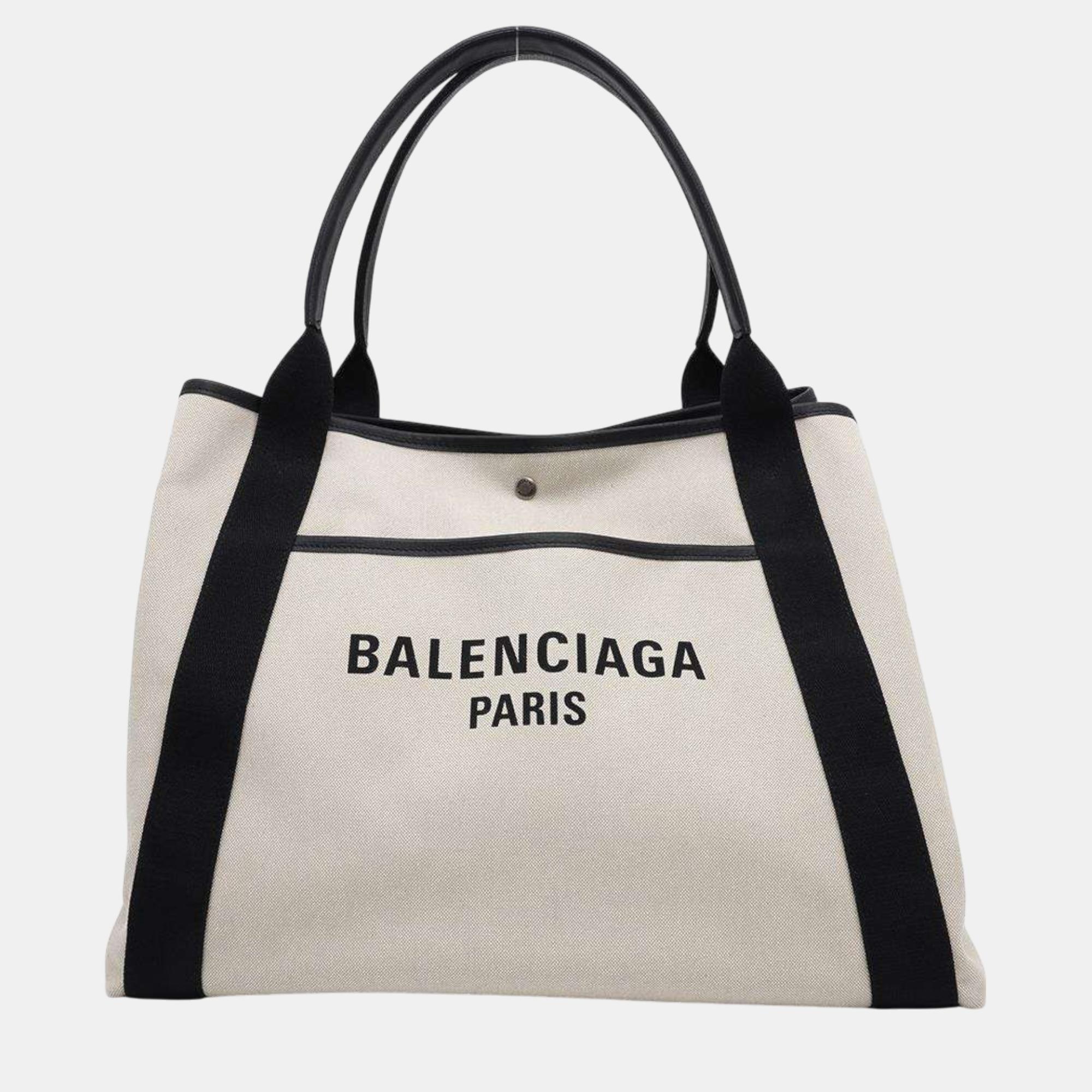 

Balenciaga Natural/Black Canvas Leather Biarritz Large Tote bag Size