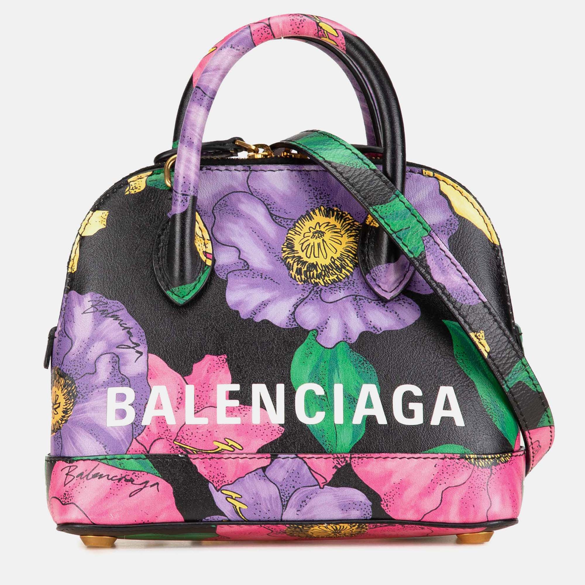 

Balenciaga Black Leather Smooth Calfskin Lush Floral Print  Ville Top Handle Bag