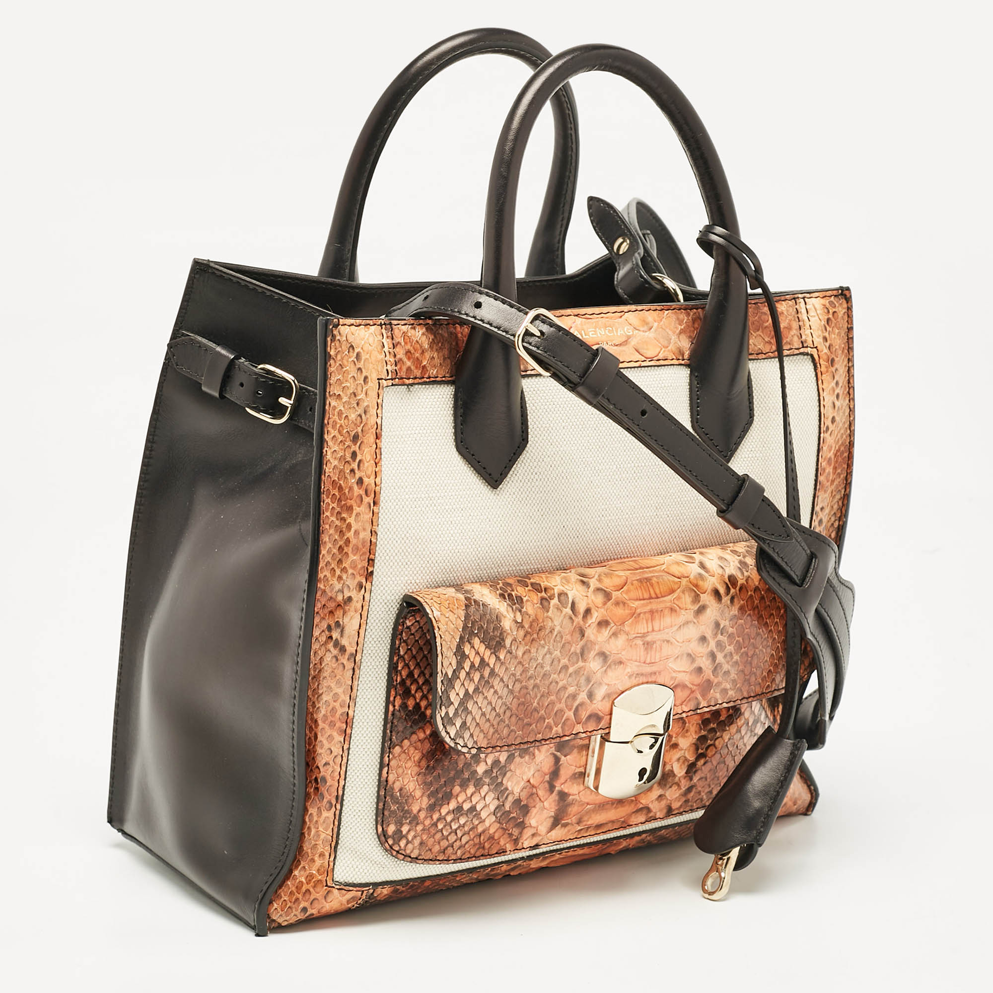 Balenciaga Tricolor Canvas and Python Padlock All Afternoon Tote 