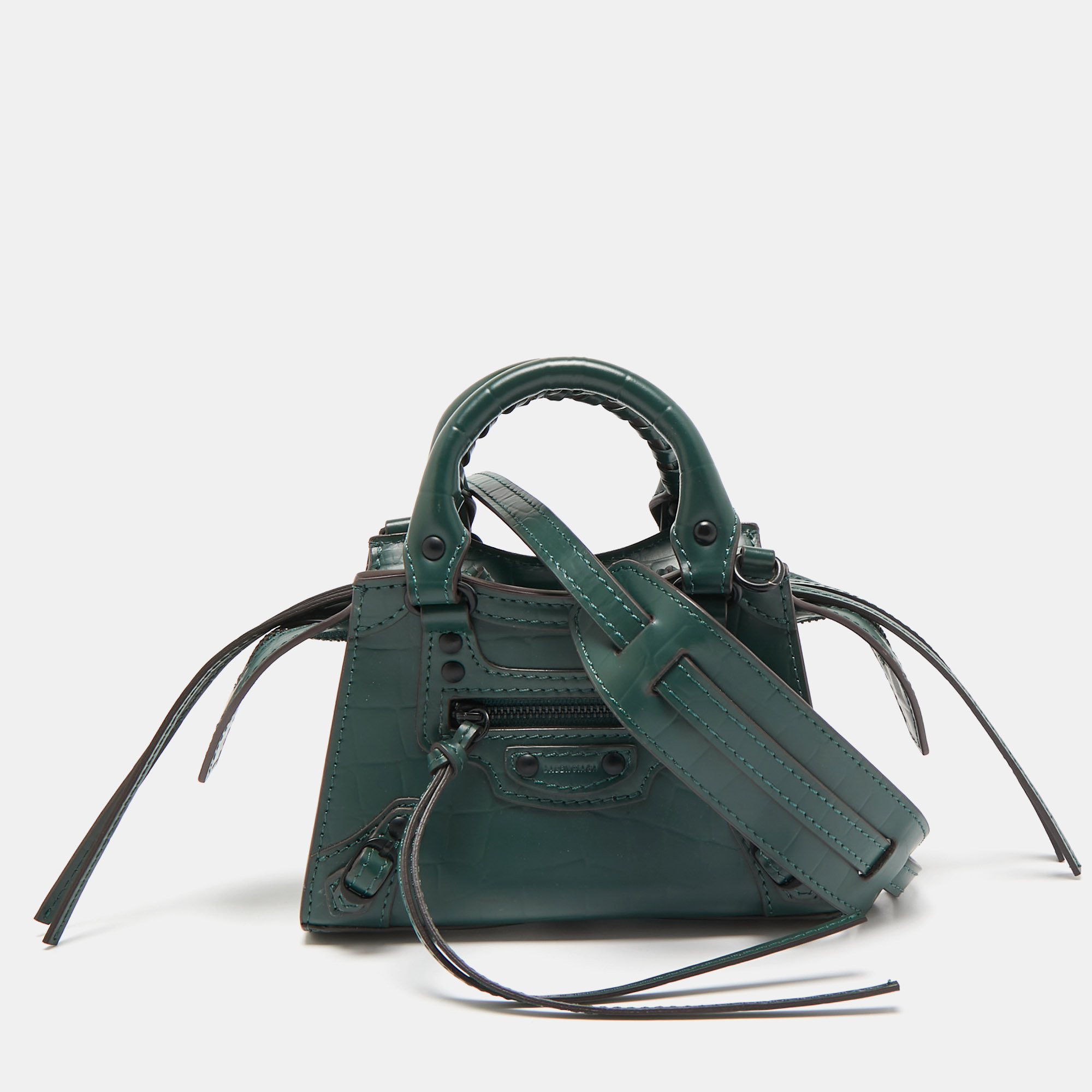 

Balenciaga Green Croc Embossed Leather Micro Neo Classic City Tote