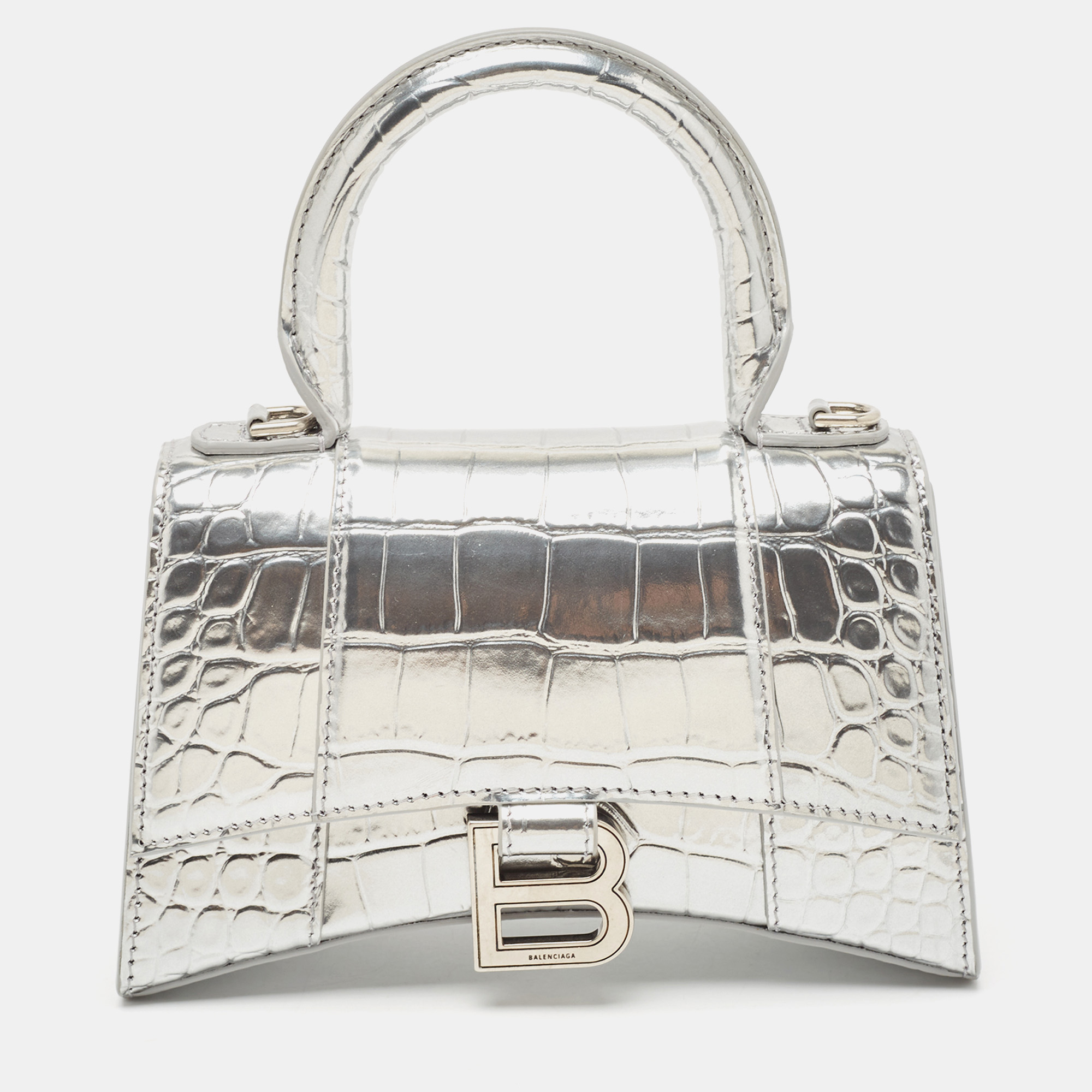 

Balenciaga Silver Croc Embossed Patent Leather  Hourglass Top Handle Bag