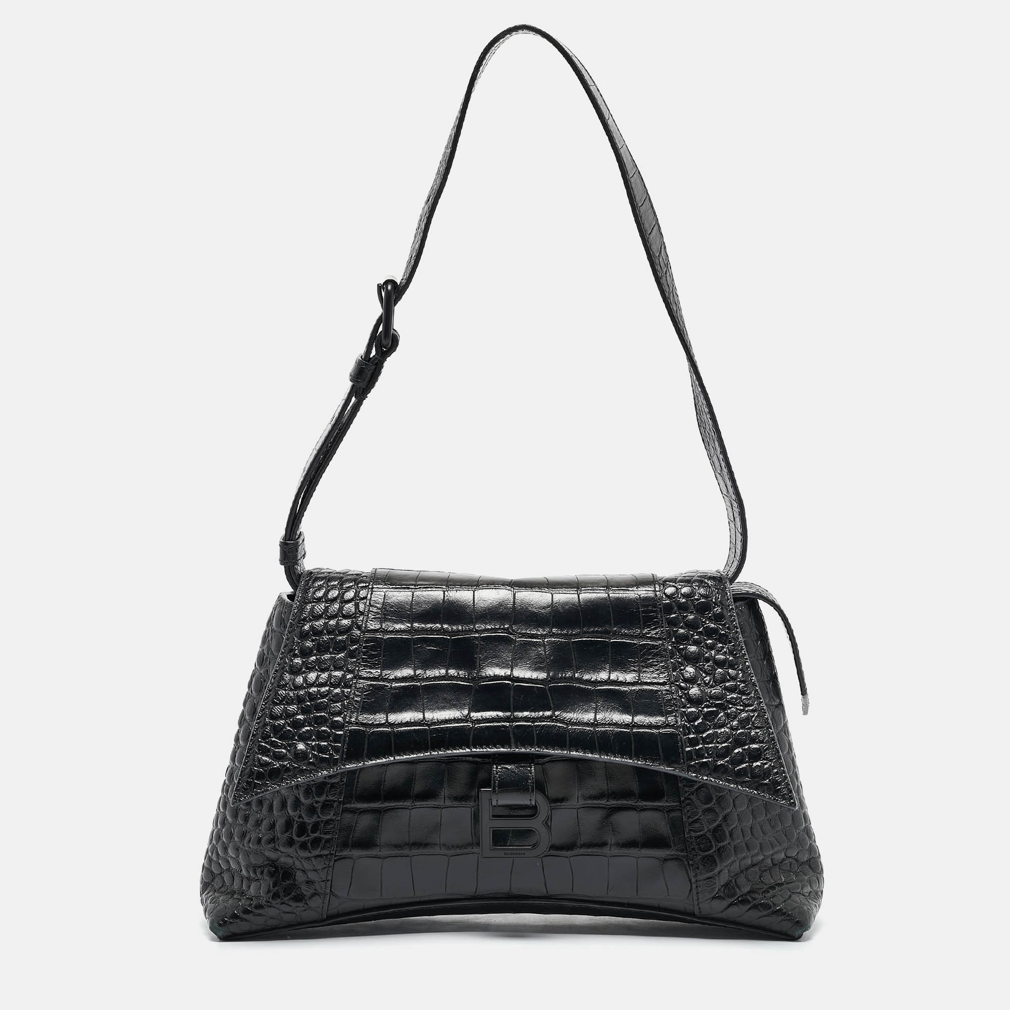 

Balenciaga Black Croc Embossed Leather  Soft Hourglass Shoulder Bag