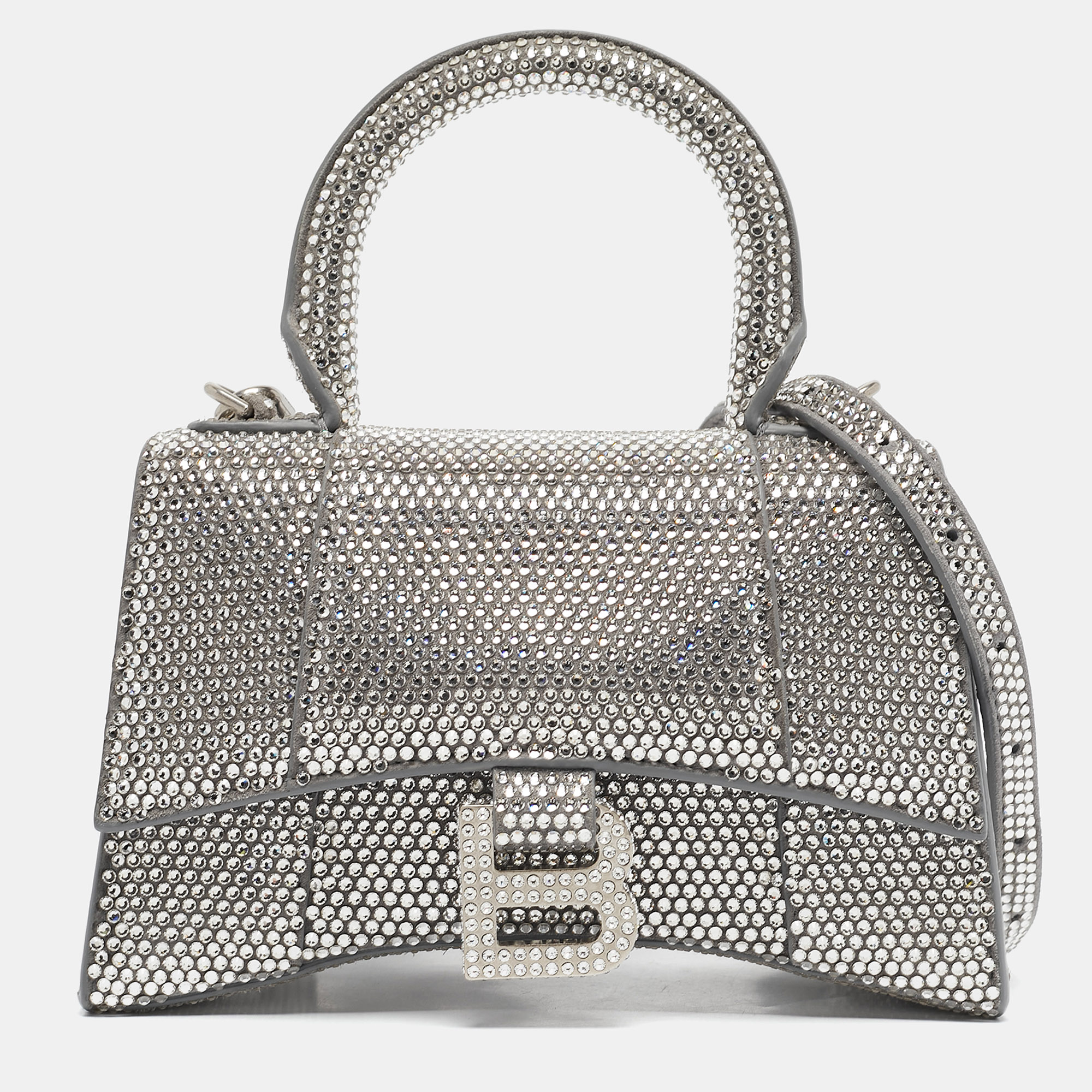 

Balenciaga Silver Suede and Crystals  Hourglass Top Handle Bag