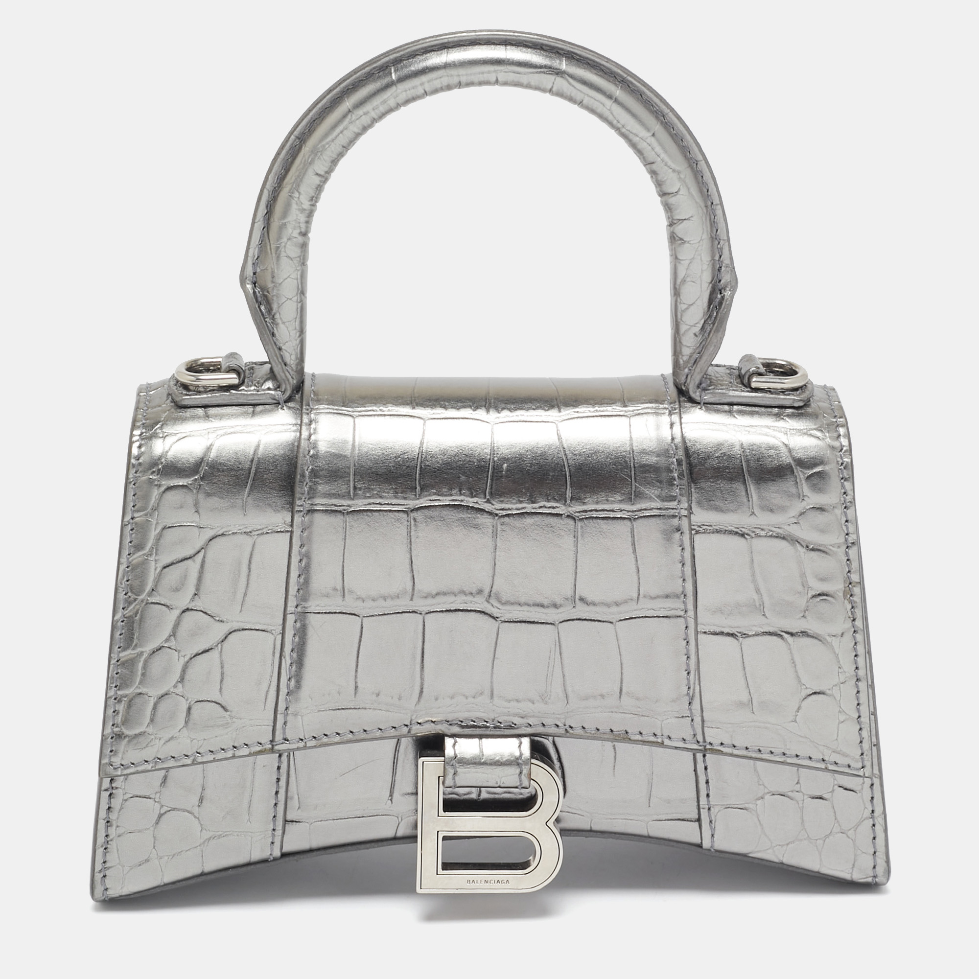 

Balenciaga Silver Croc Embossed Patent Leather  Hourglass Top Handle Bag