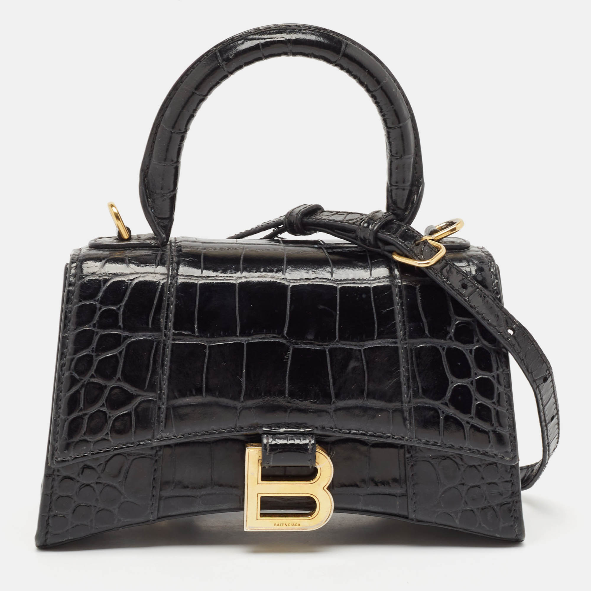 

Balenciaga Black Croc Embossed Leather  Hourglass Top Handle Bag