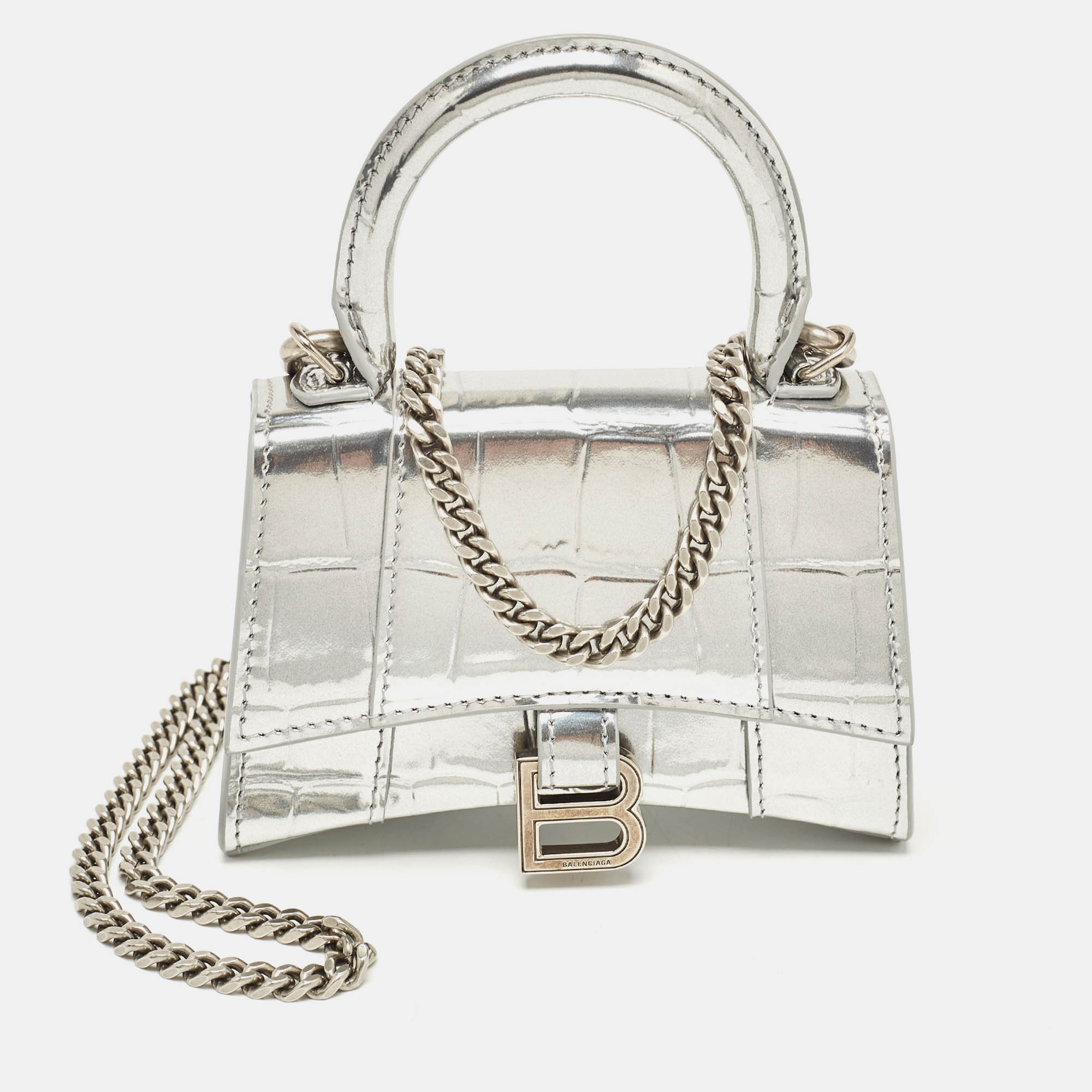 

Balenciaga Silver Patent Leather Nano Hourglass Top Handle Bag