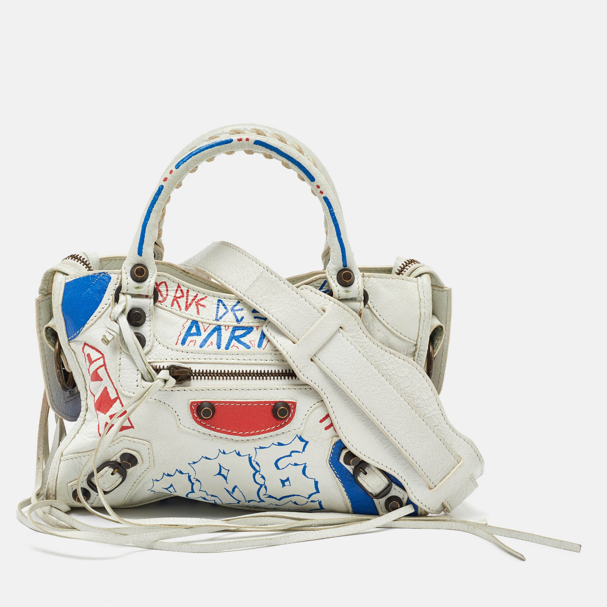 

Balenciaga White Leather Graffiti Mini Metallic Edge City Bag