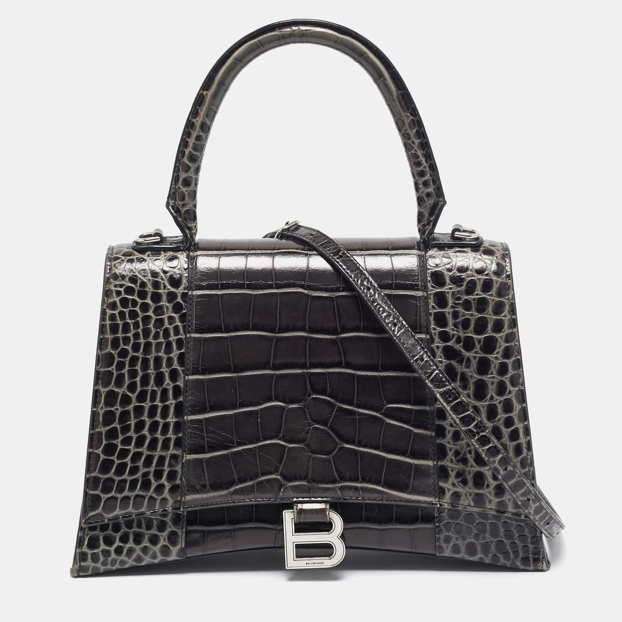 

Balenciaga Black Croc Embossed Leather Medium Hourglass Top Handle Bag