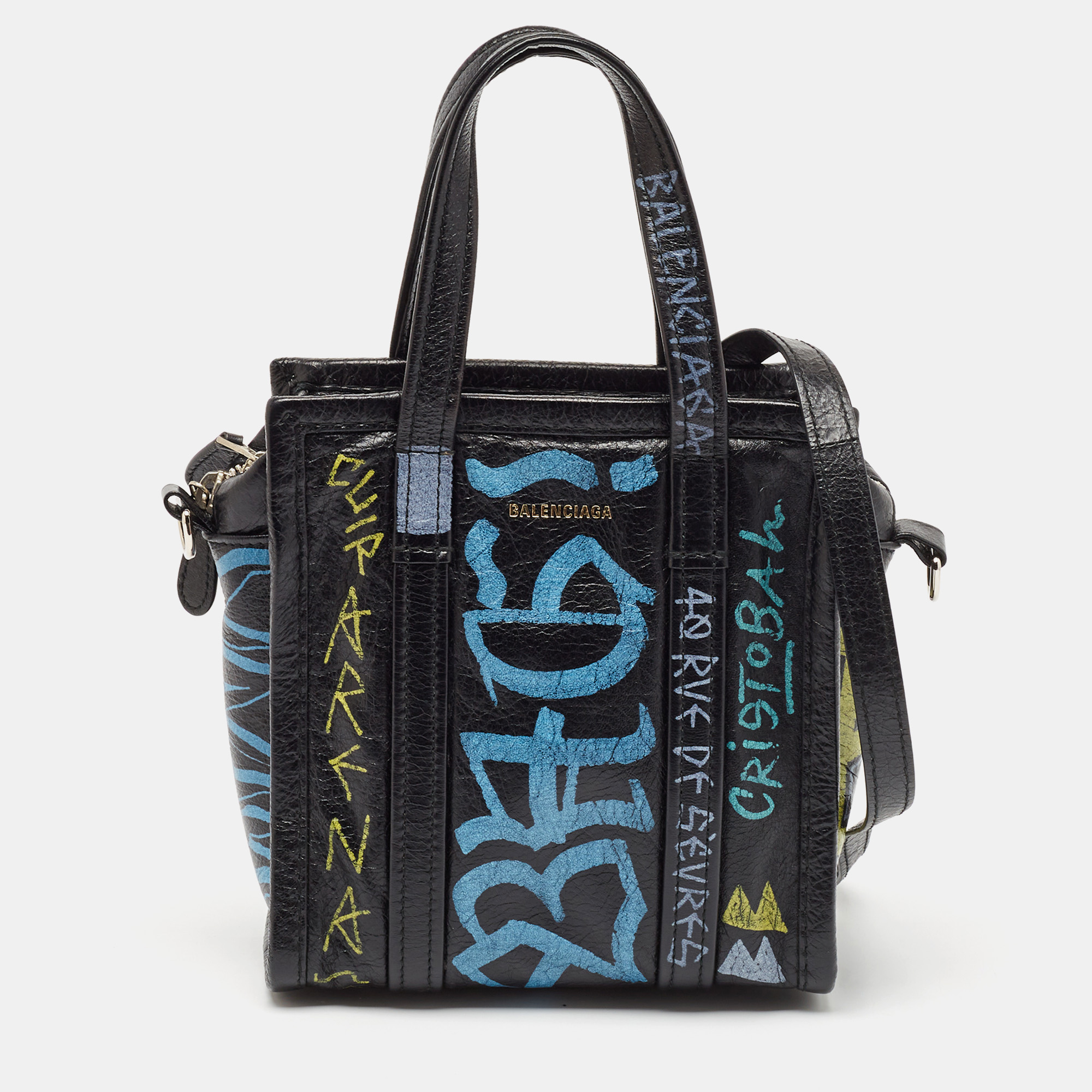 

Balenciaga Black Graffiti Printed Leather Bazar Tote