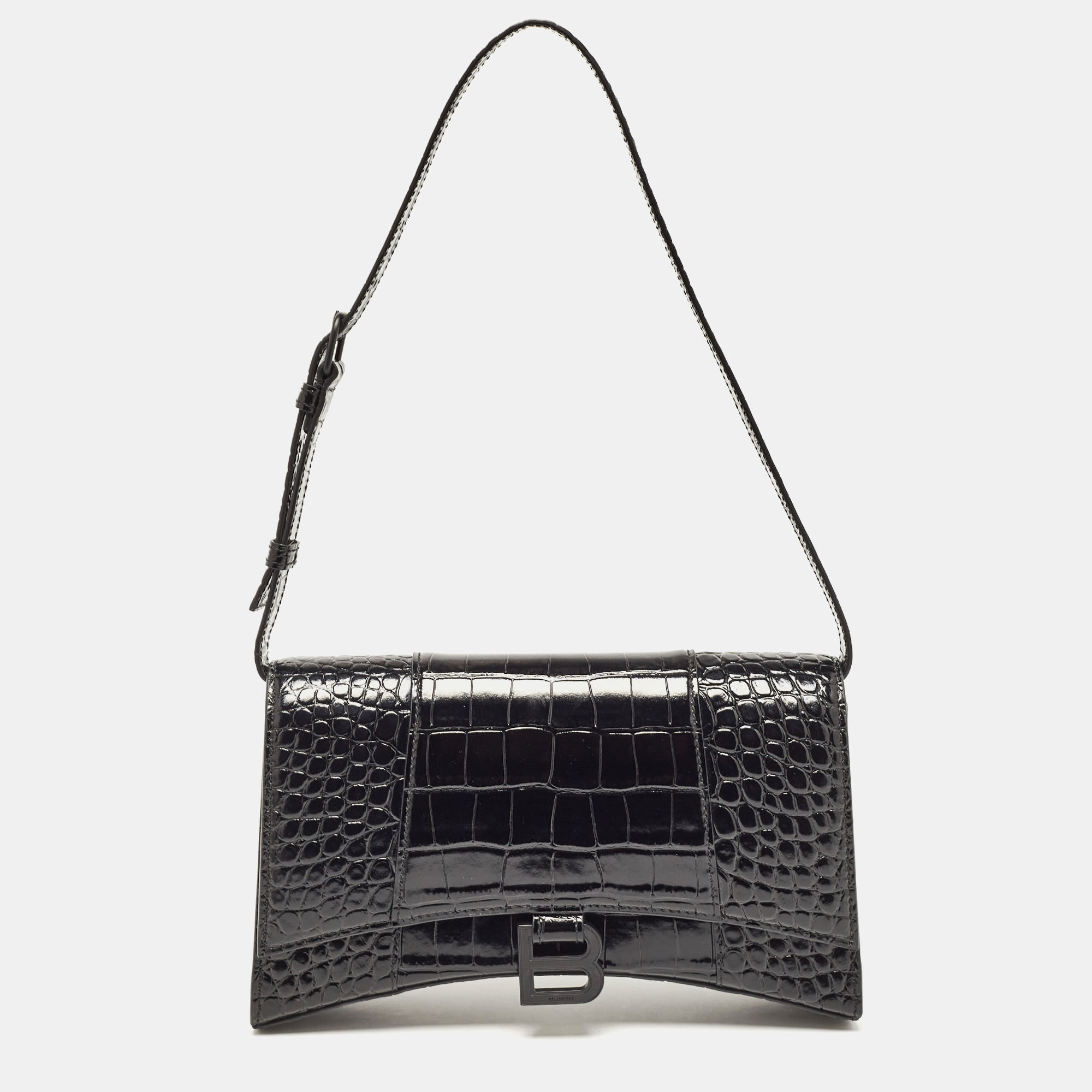 

Balenciaga Black Croc Embossed Leather Hourglass Sling Shoulder Bag