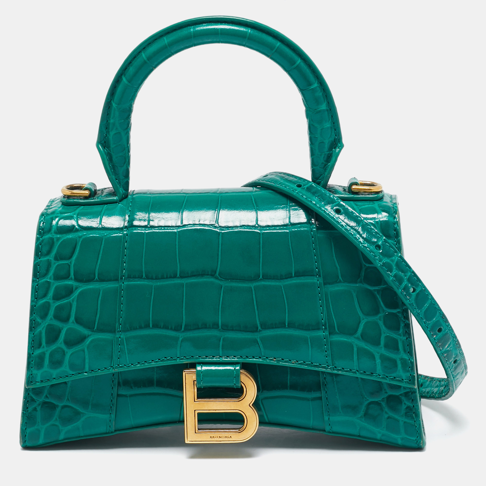 

Balenciaga Green Croc Embossed Leather  Hourglass Top Handle Bag