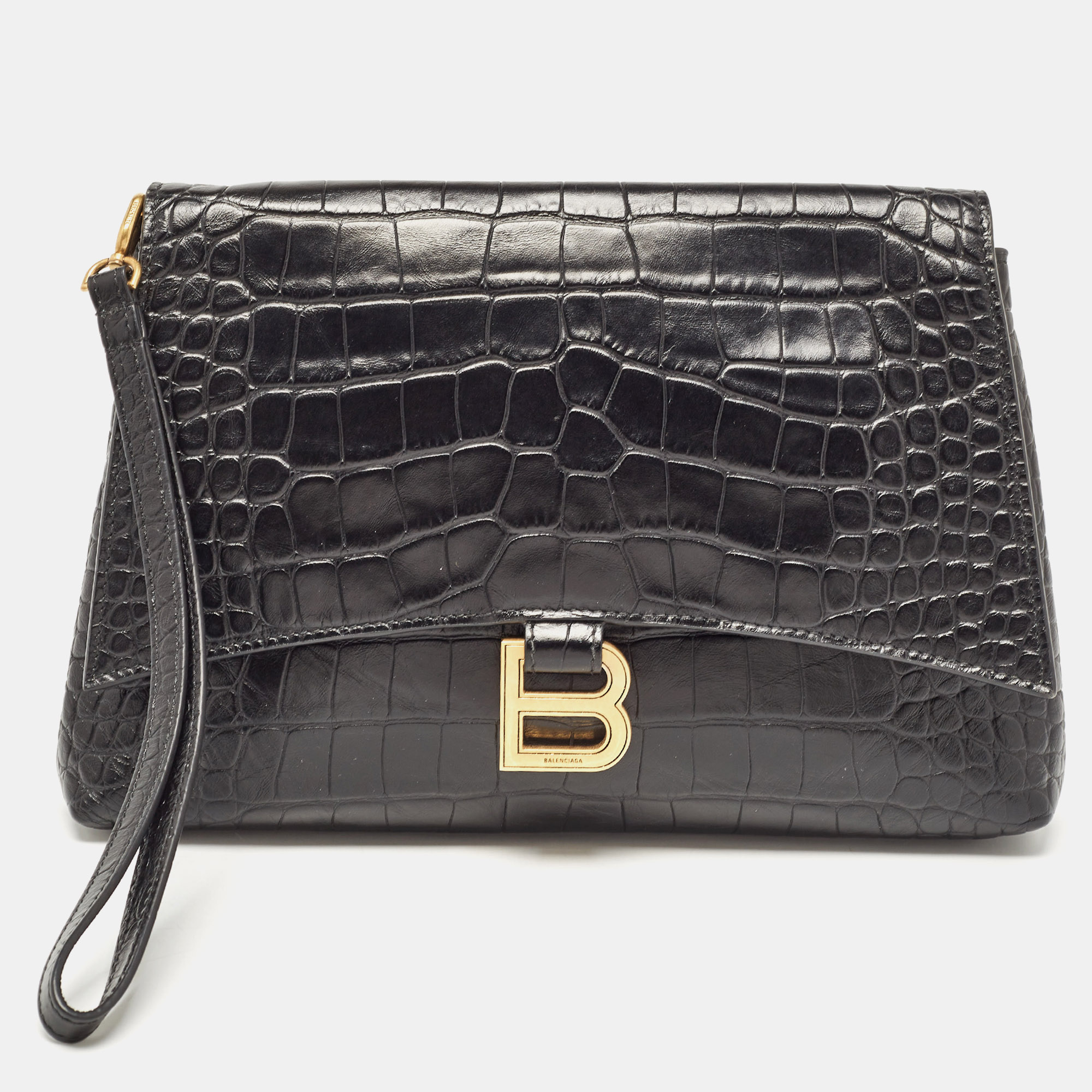 

Balenciaga Black Croc Embossed Leather Crush Pochette