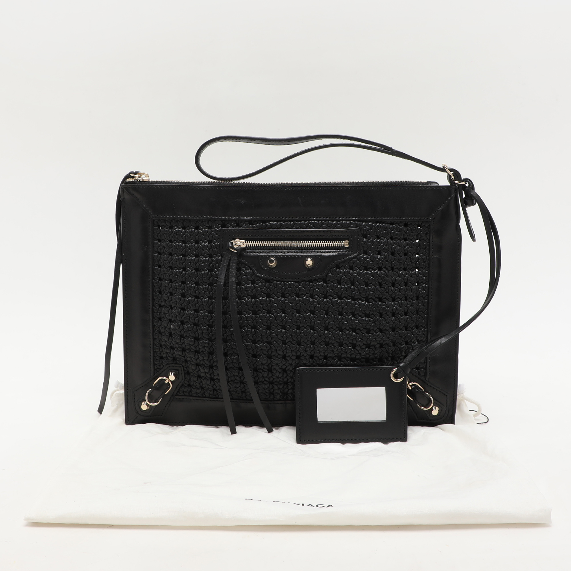 Balenciaga Black Leather Crochet Motorcycle Clutch 
