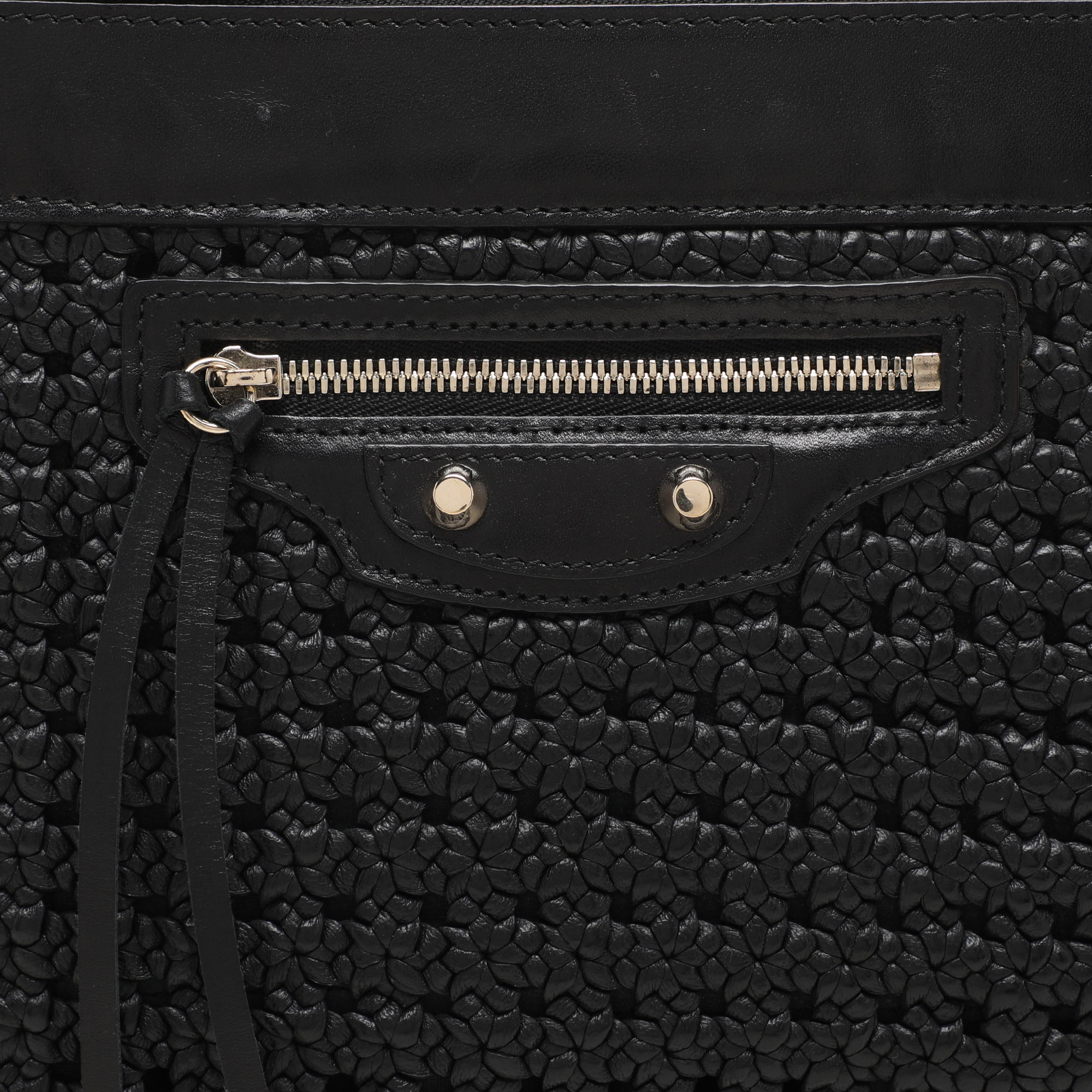Balenciaga Black Leather Crochet Motorcycle Clutch 