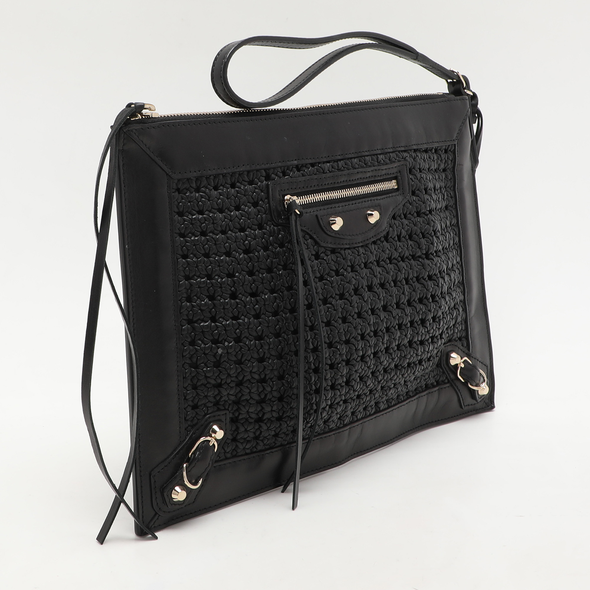Balenciaga Black Leather Crochet Motorcycle Clutch 