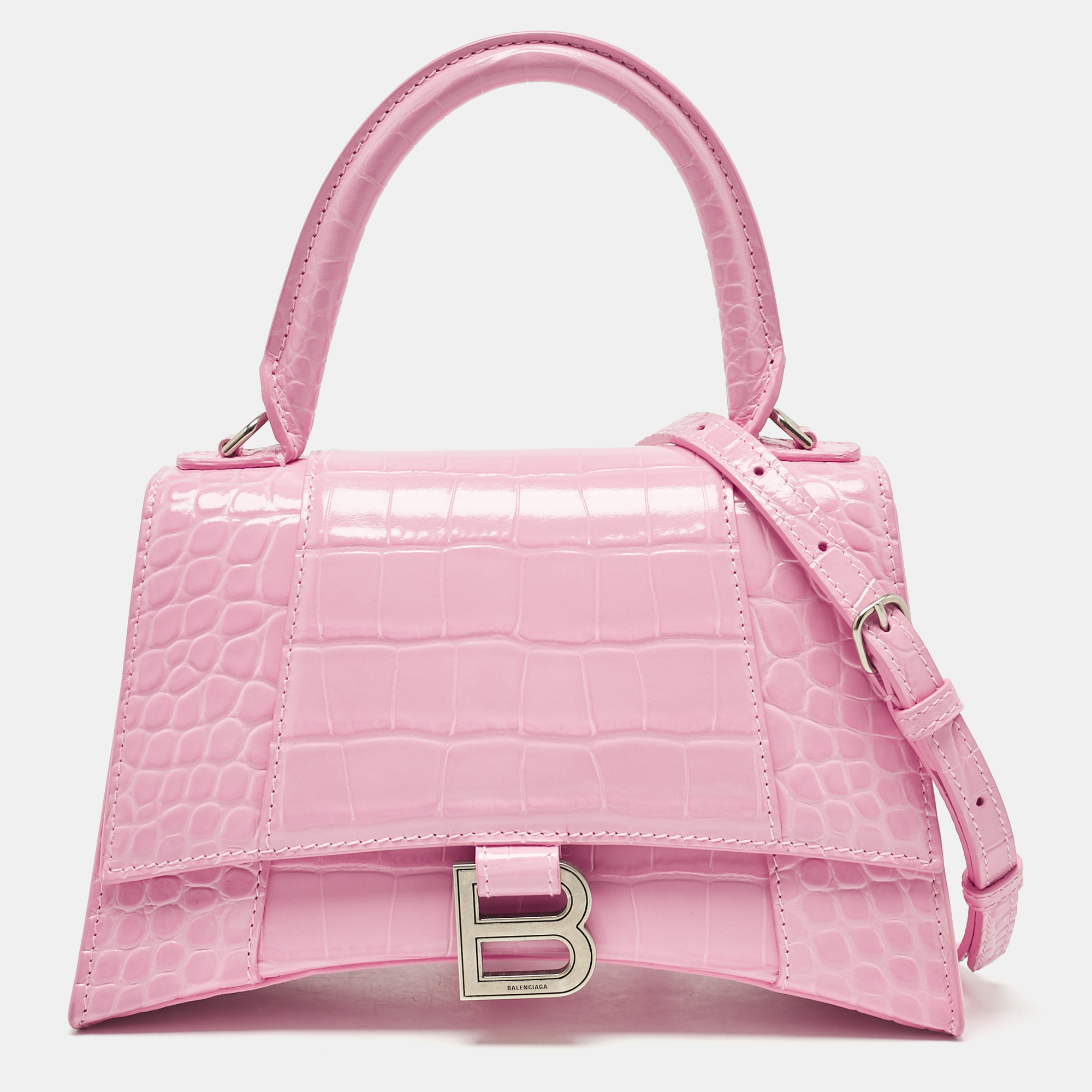 

Balenciaga Pink Croc Embossed Leather  Hourglass Top Handle Bag