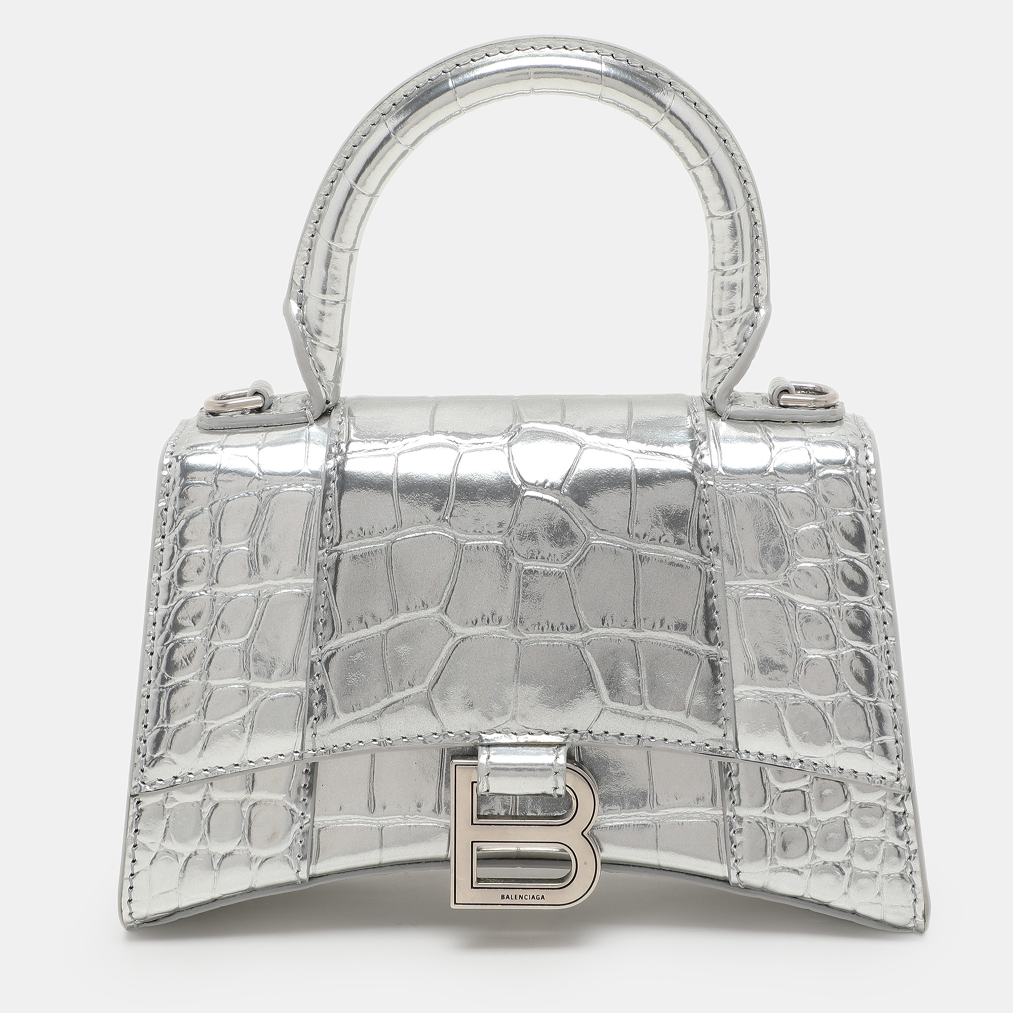 

Balenciaga Silver Croc Embossed Leather Hourglass Top Handle Bag