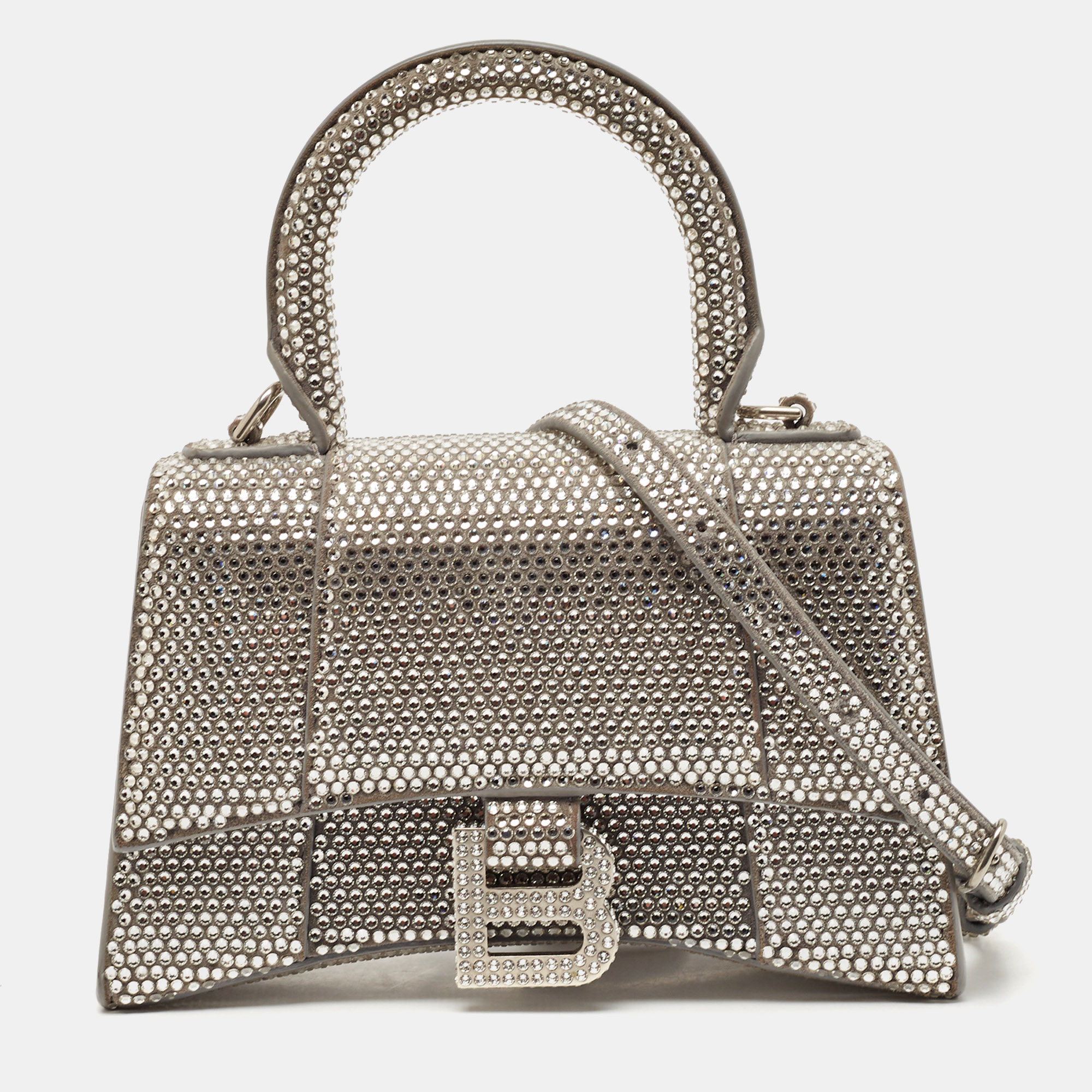 

Balenciaga Silver Suede and Crystals  Hourglass Top Handle Bag