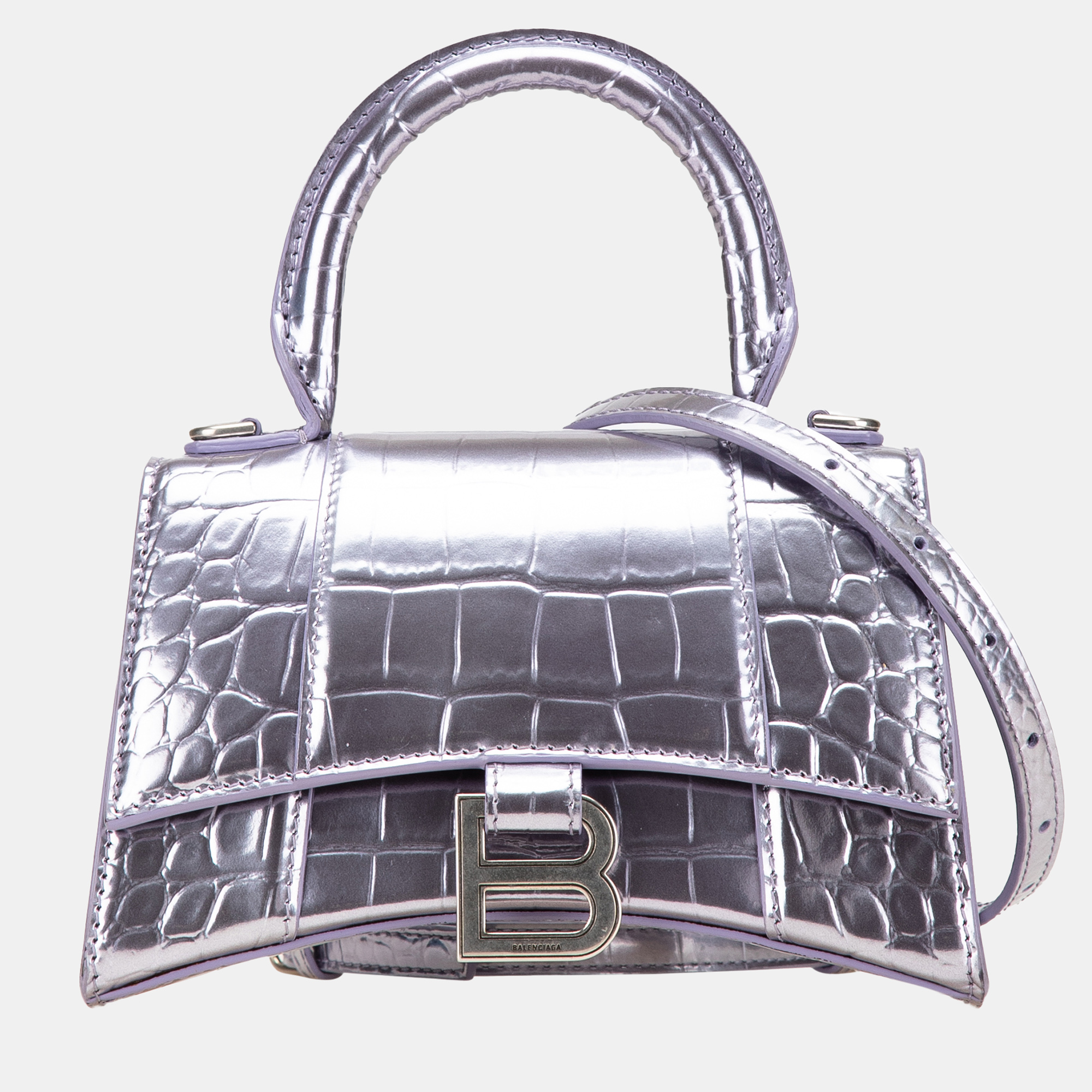 

Balenciaga Silver Metallic Calfskin Croc Embossed Hourglass  Satchel