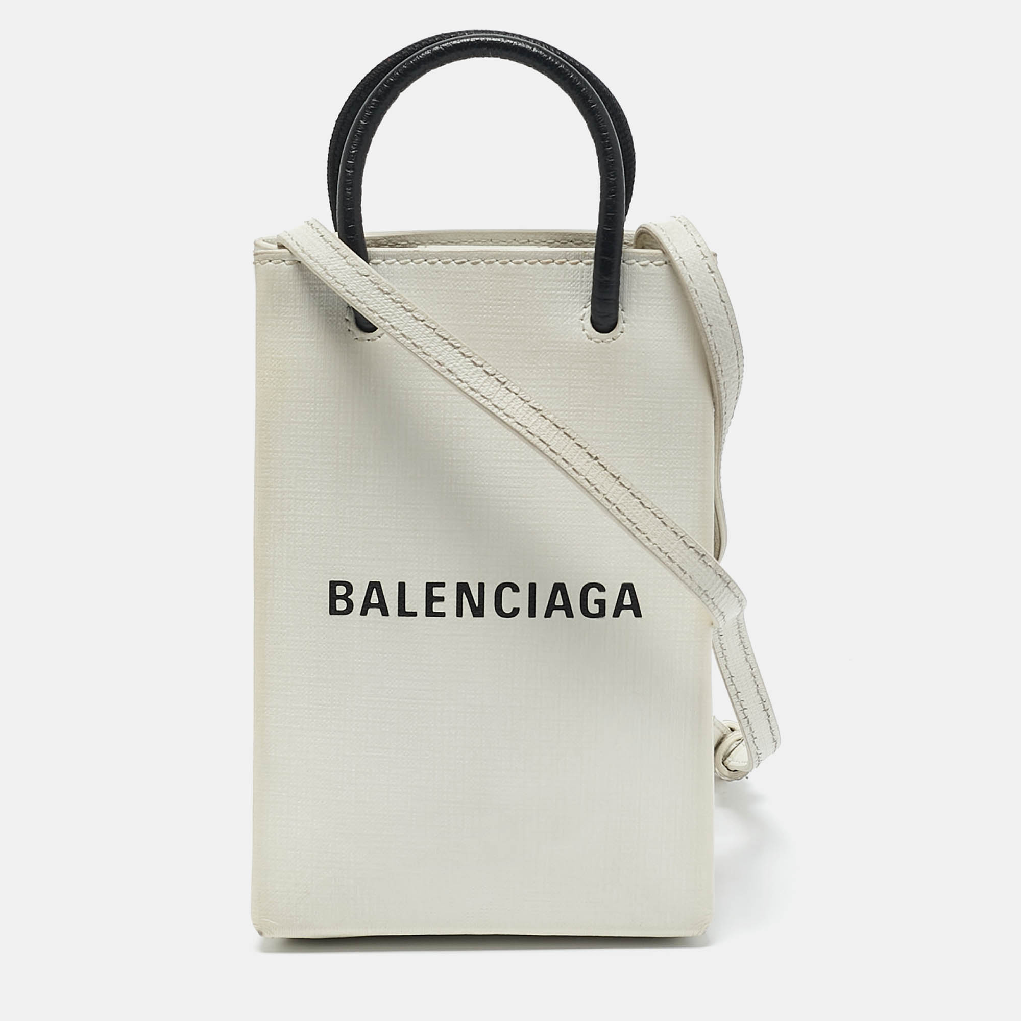 

Balenciaga White/Black Leather Shopping Phone Holder Crossbody Bag