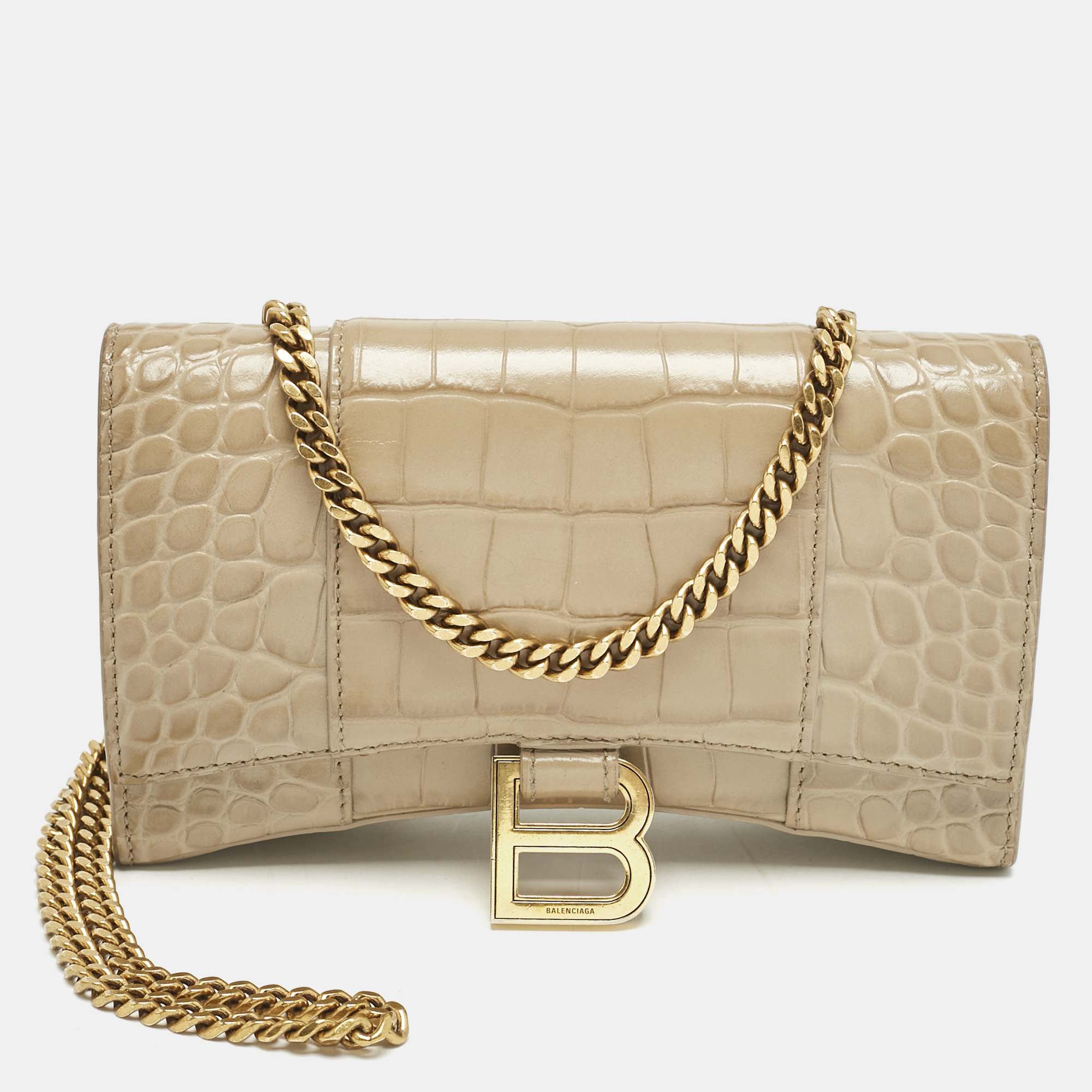 

Balenciaga Beige Croc Embossed Leather  Hourglass Wallet on Chain
