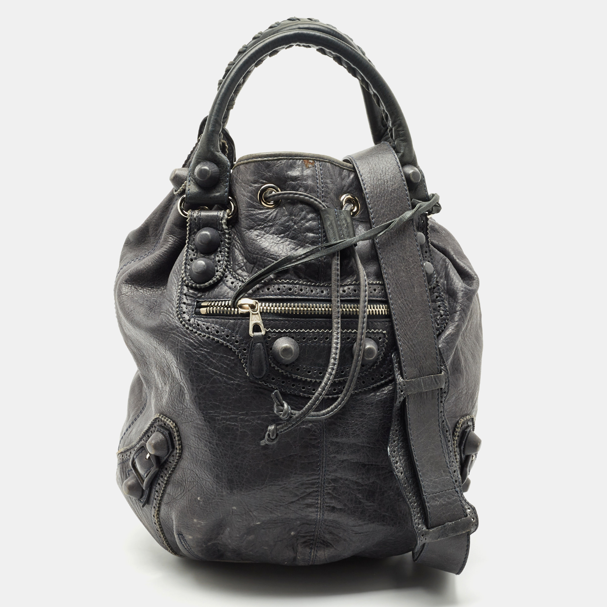 

Balenciaga Grey Leather Giant Brogue Pompon Hobo