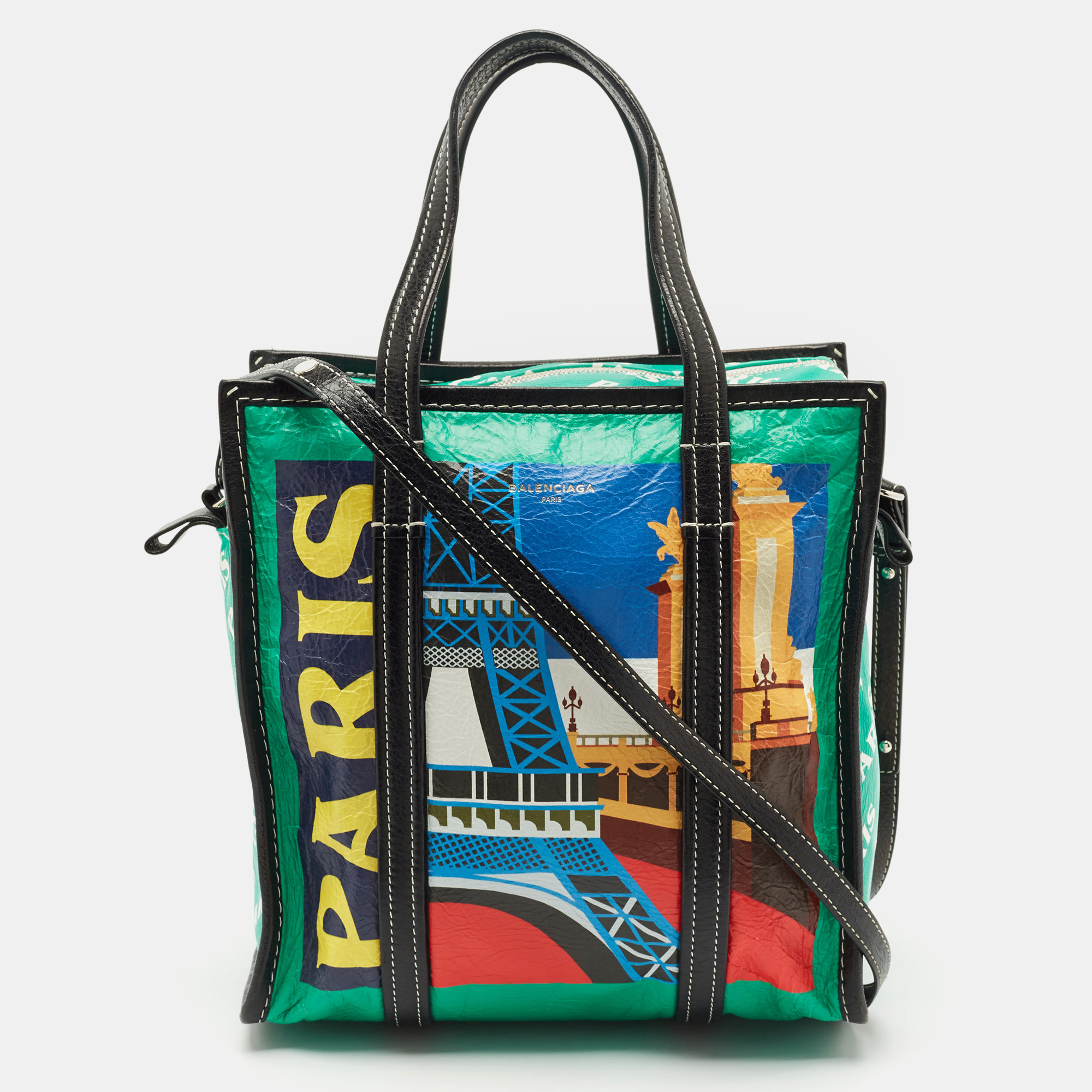 

Balenciaga Multicolor Paris Print Leather  Bazar Shopper Tote