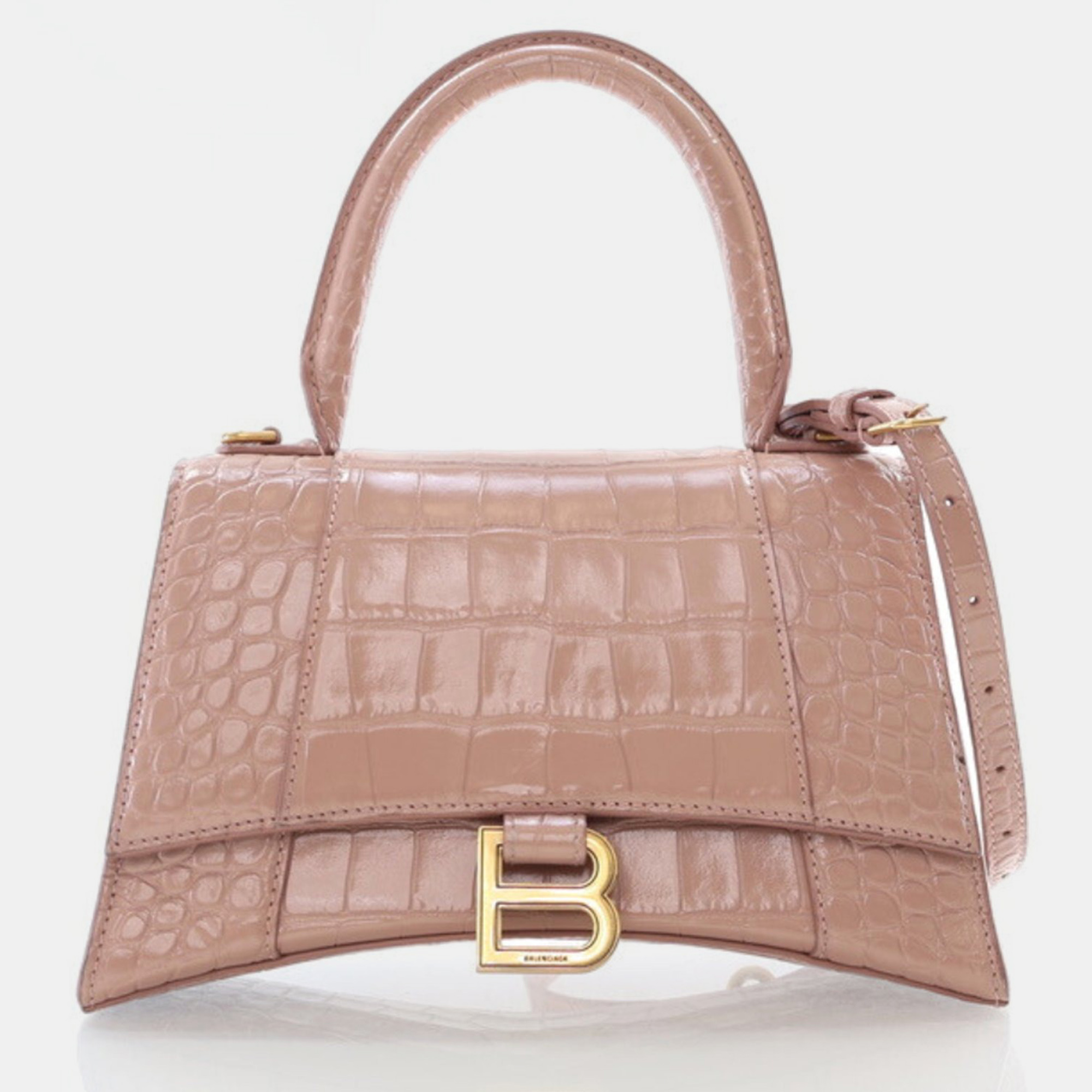 

Balenciaga Hourglass Small Pink Crocodile Embossed Leather Shoulder Bag