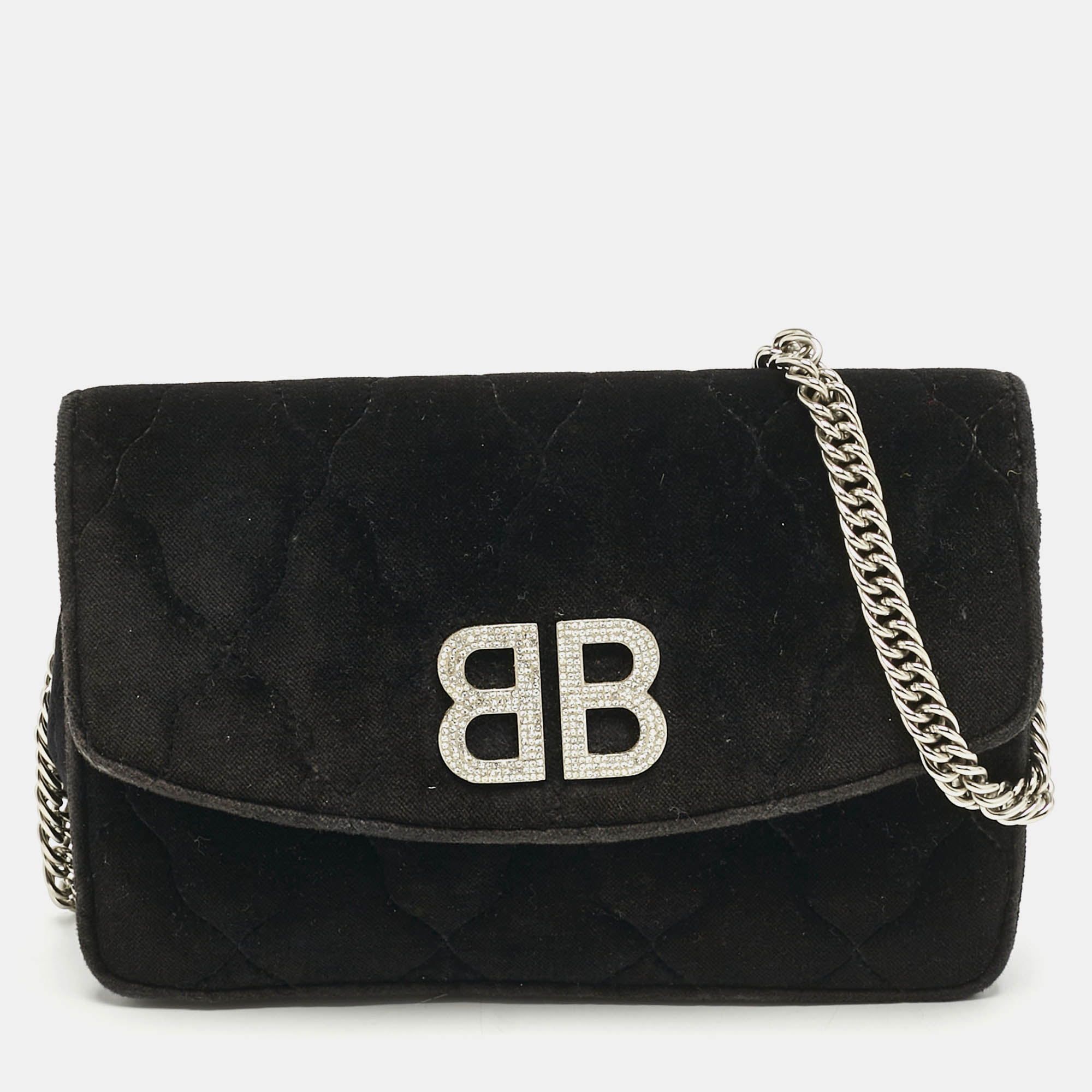

Balenciaga Black Quilted Velvet BB Crystals Wallet On Chain