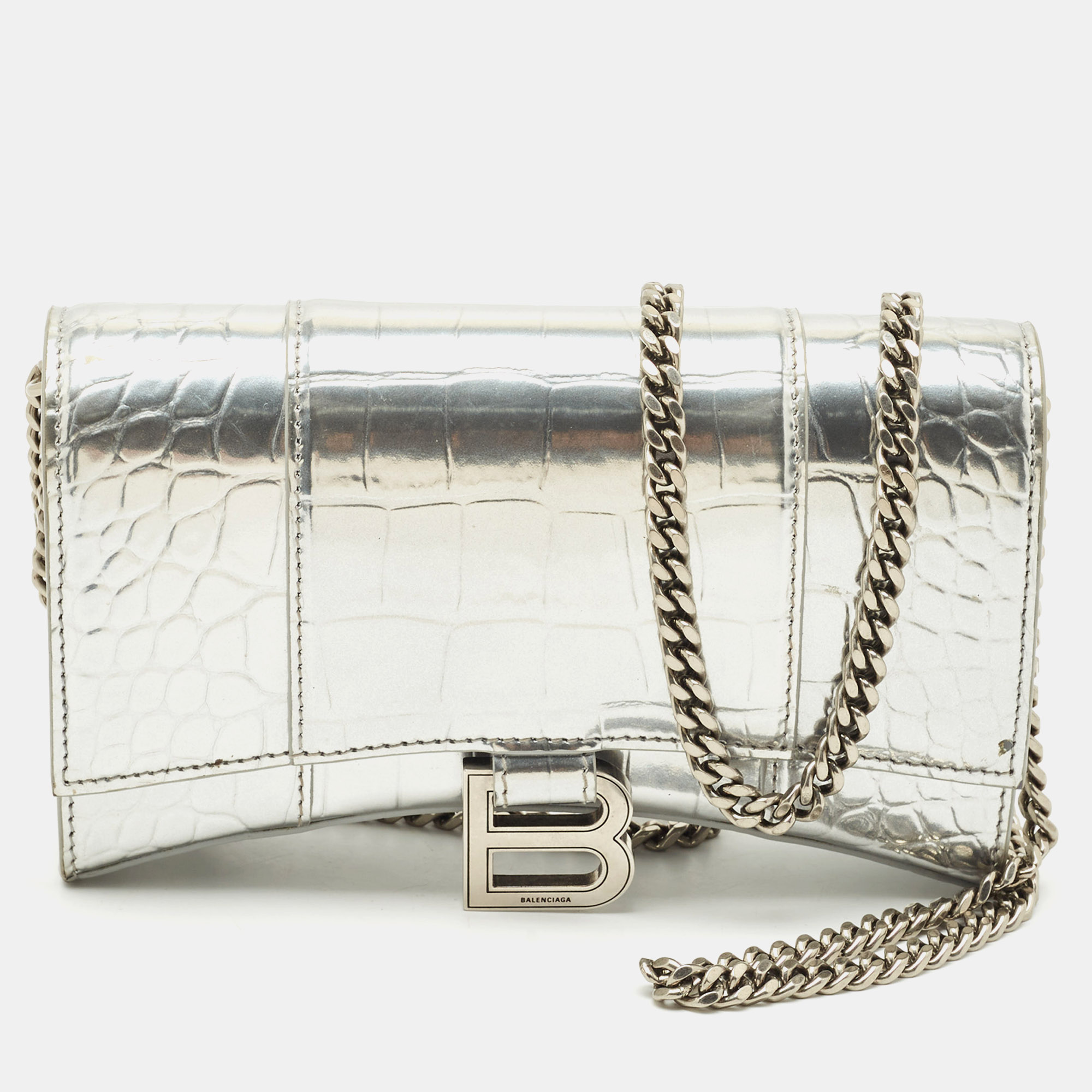 Pre-owned Balenciaga Silver Croc Embossed Patent Leather Hourglass Wallet On Chain