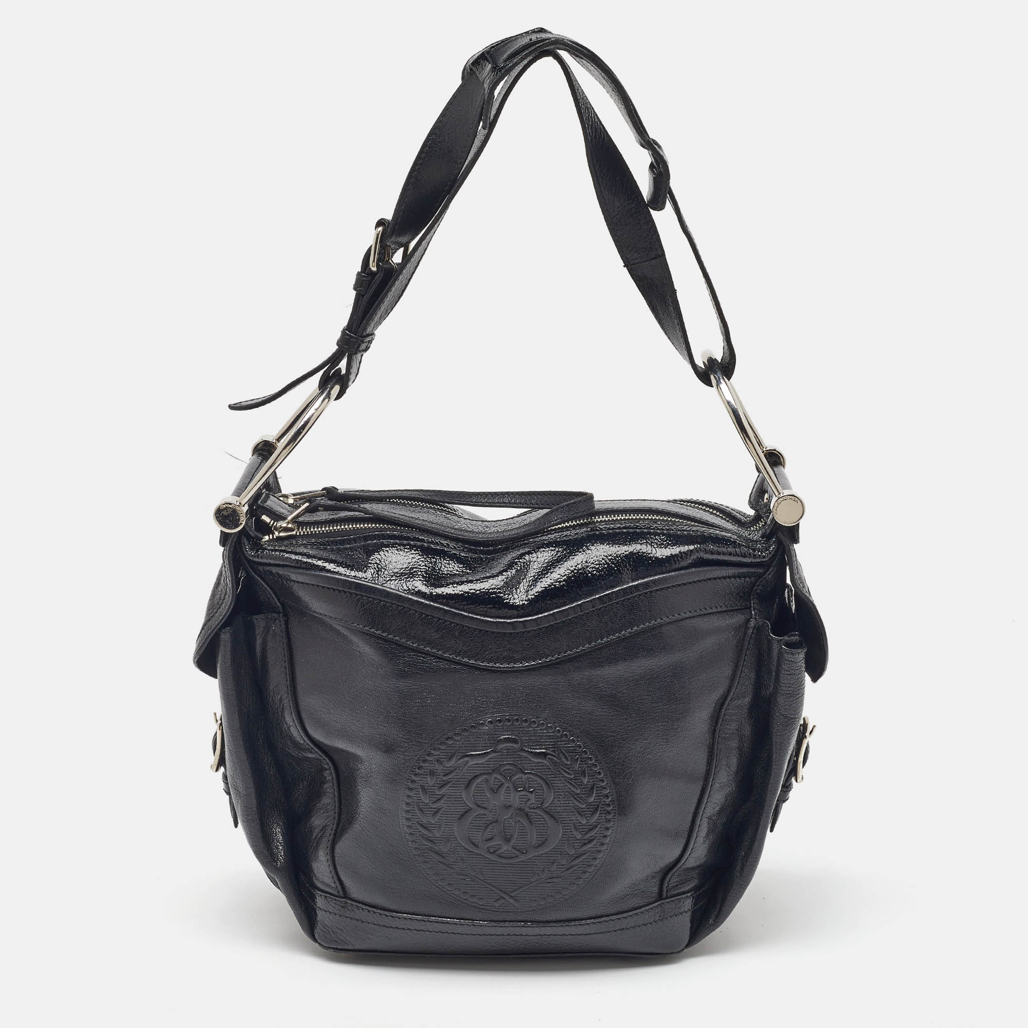 

Balenciaga Black Leather Monogram Crest Double Zip Hobo