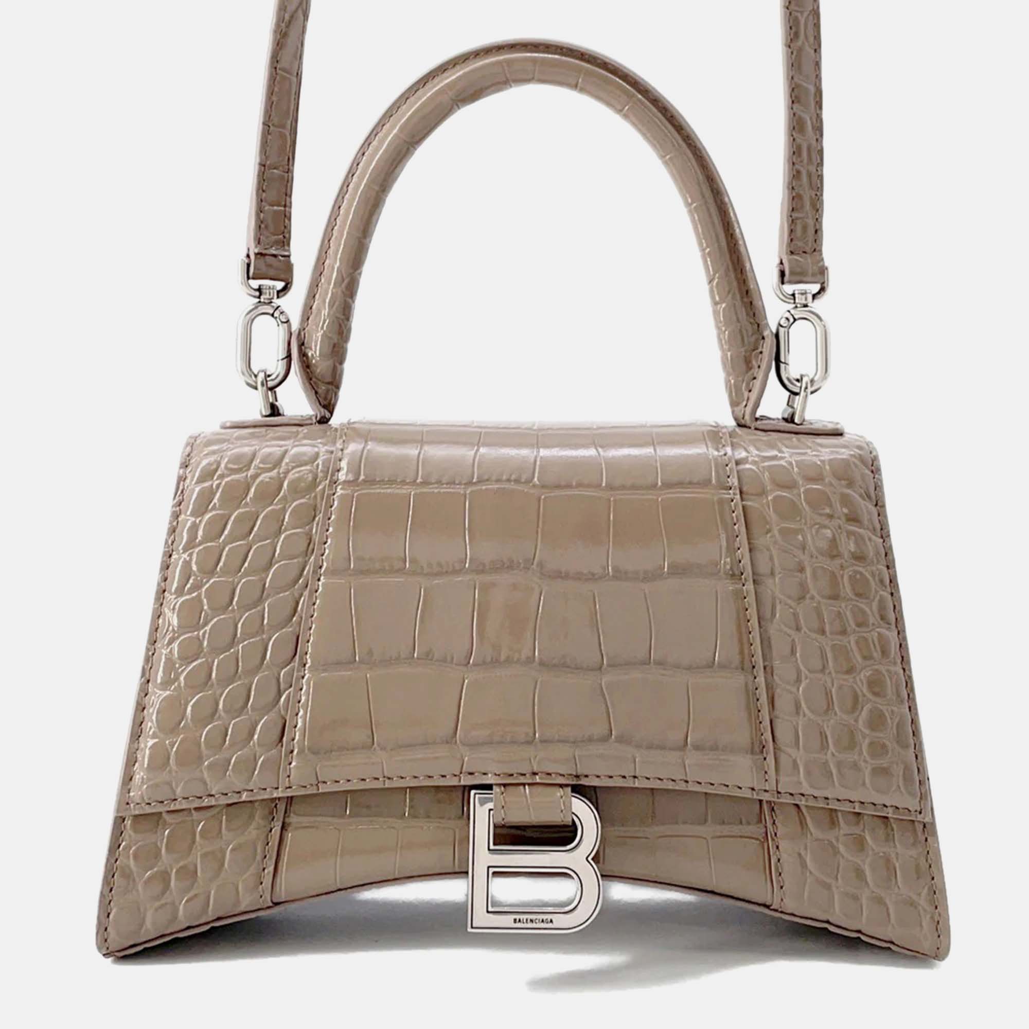 

Balenciaga Hourglass Small Greige Croco Embossed Leather Shoulder Bag, Beige