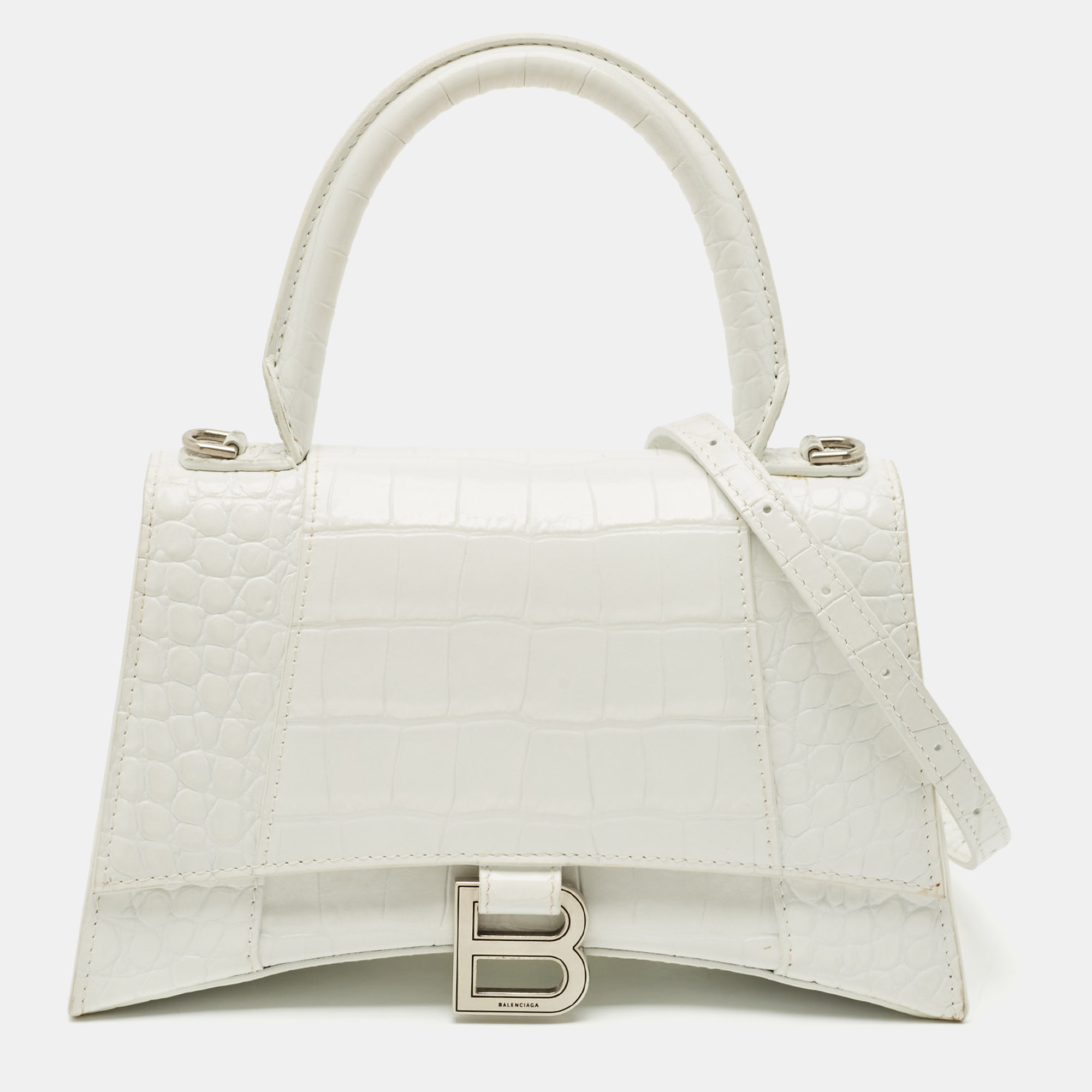 

Balenciaga White Croc Embossed Leather Small Hourglass Top Handle Bag