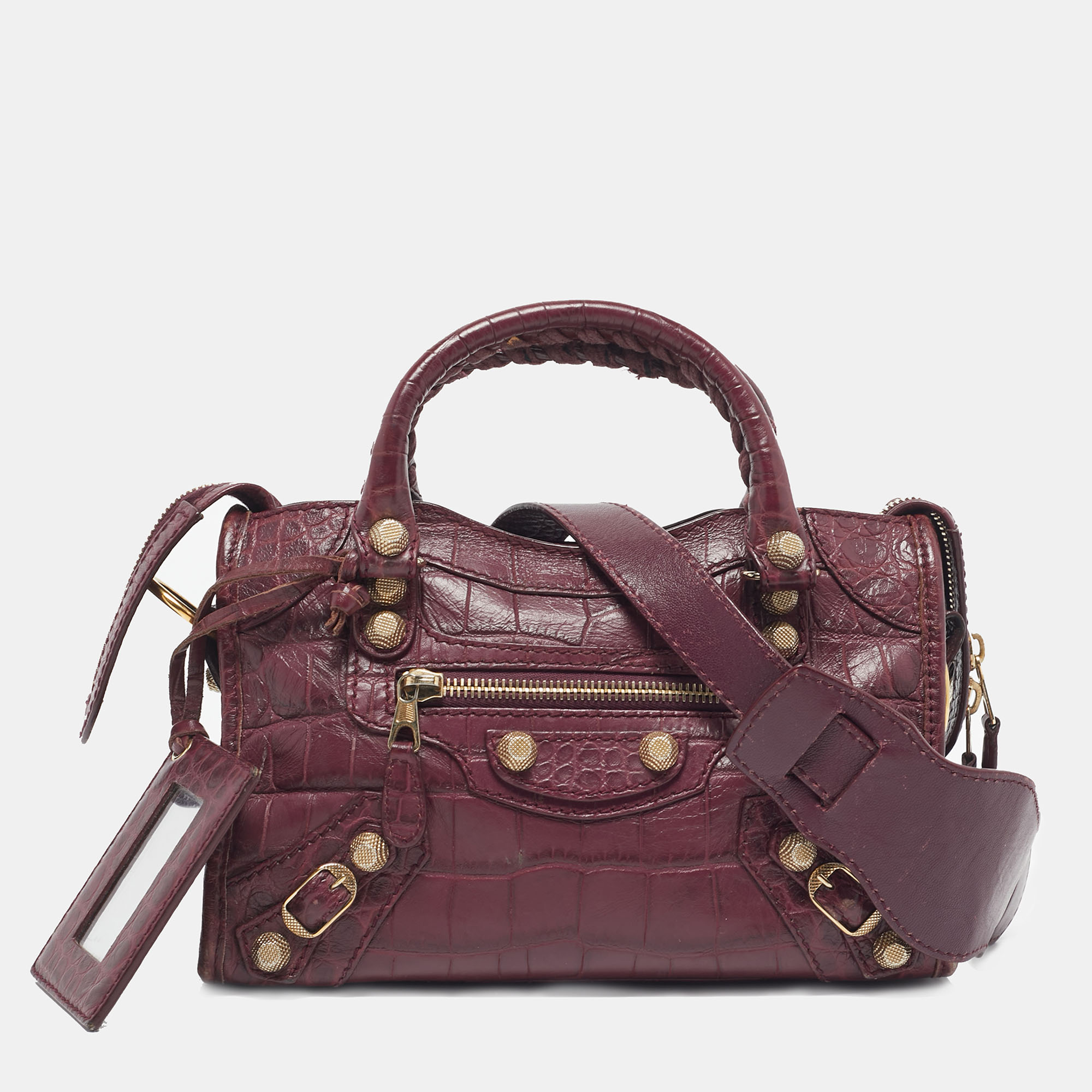 

Balenciaga Burgundy Croc Embossed Leather Mini Classic City Bag