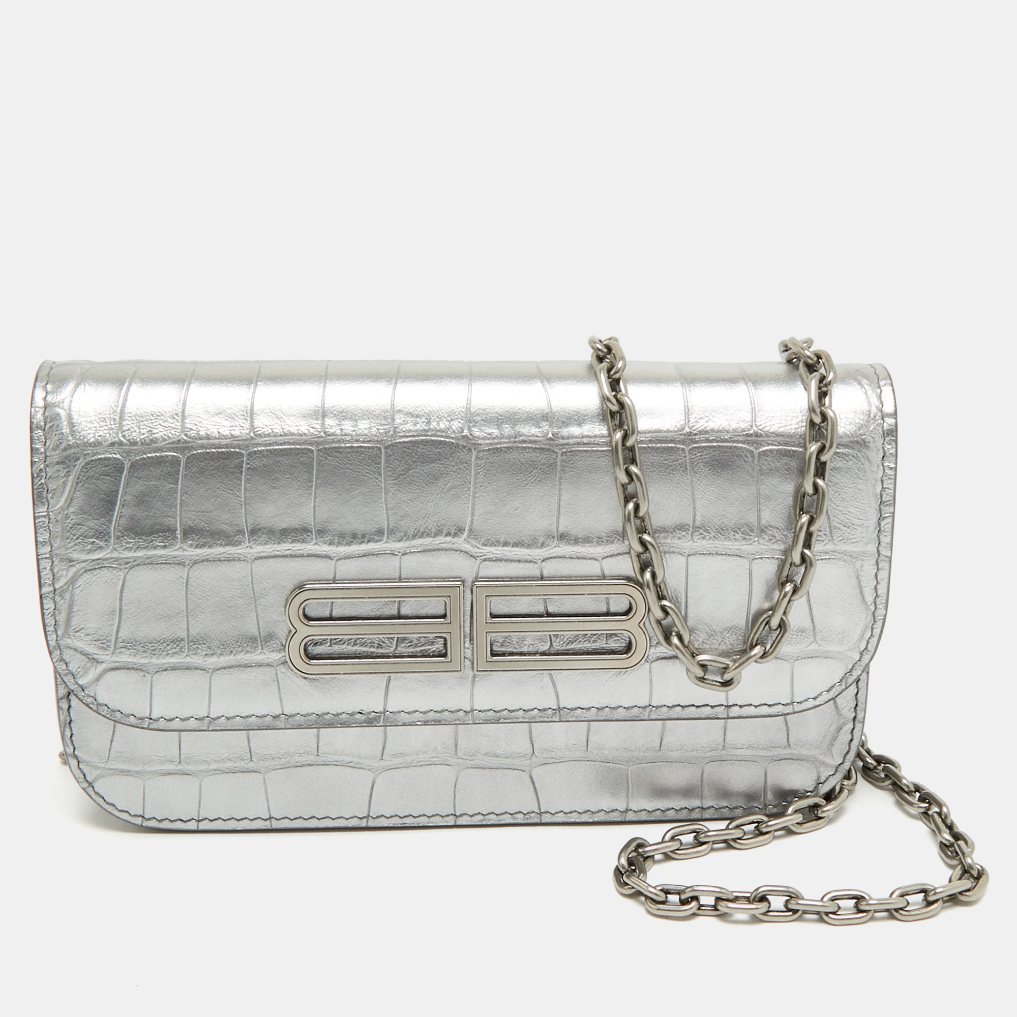

Balenciaga Silver Croc Embossed Leather Gossip Wallet on Chain