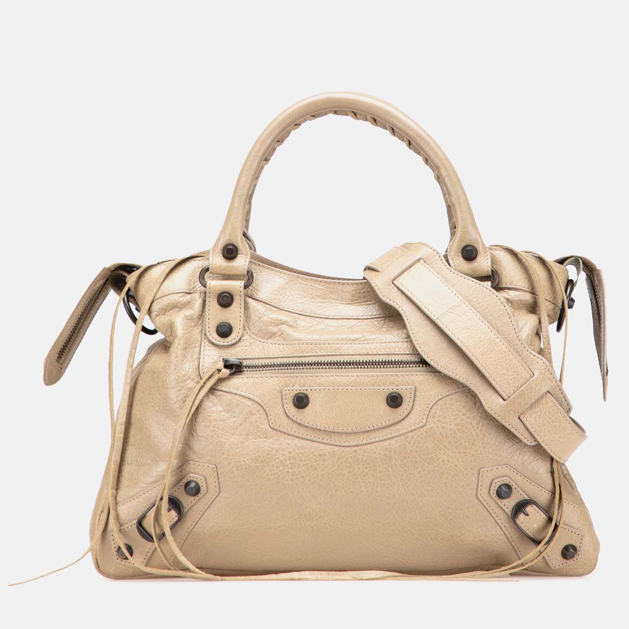 

Balenciaga Beige Lambskin Motocross Classic Town Satchel