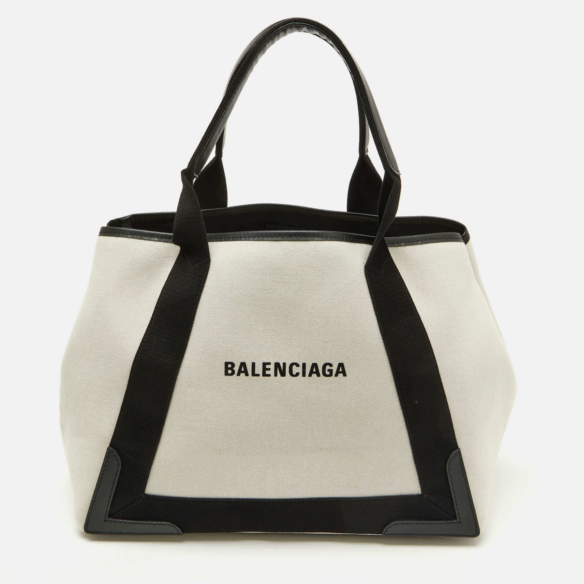 Pre-owned Balenciaga Off White/black Canvas And Leather S Navy Cabas Tote