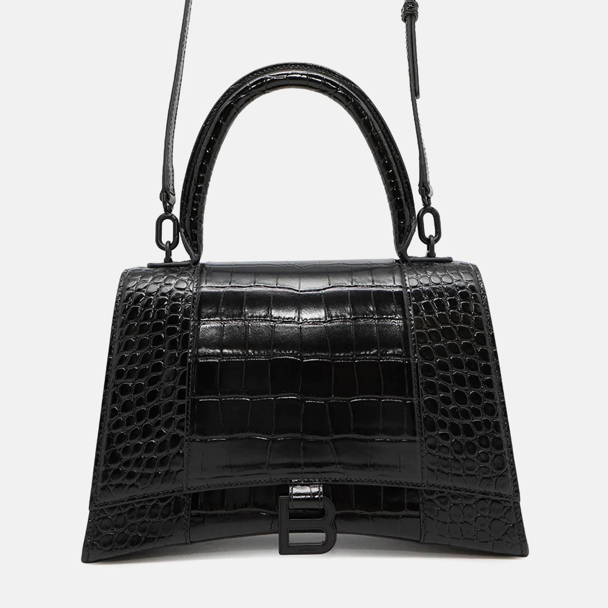 

Balenciaga Hourglass Black Embossed Leather Shoulder Bag