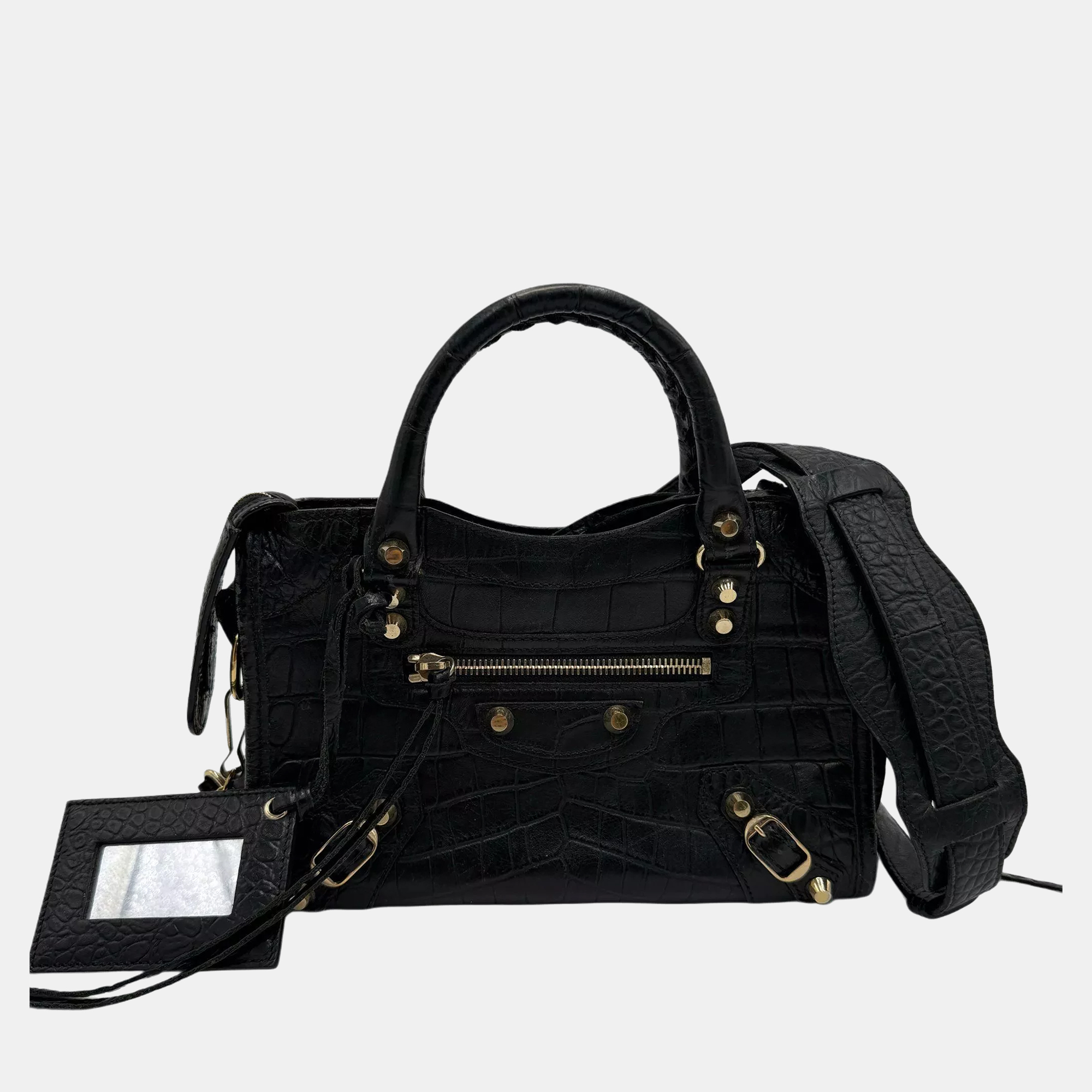 

Balenciaga Mini GH Classic City Black Croc Embossed Leather Shoulder Bag